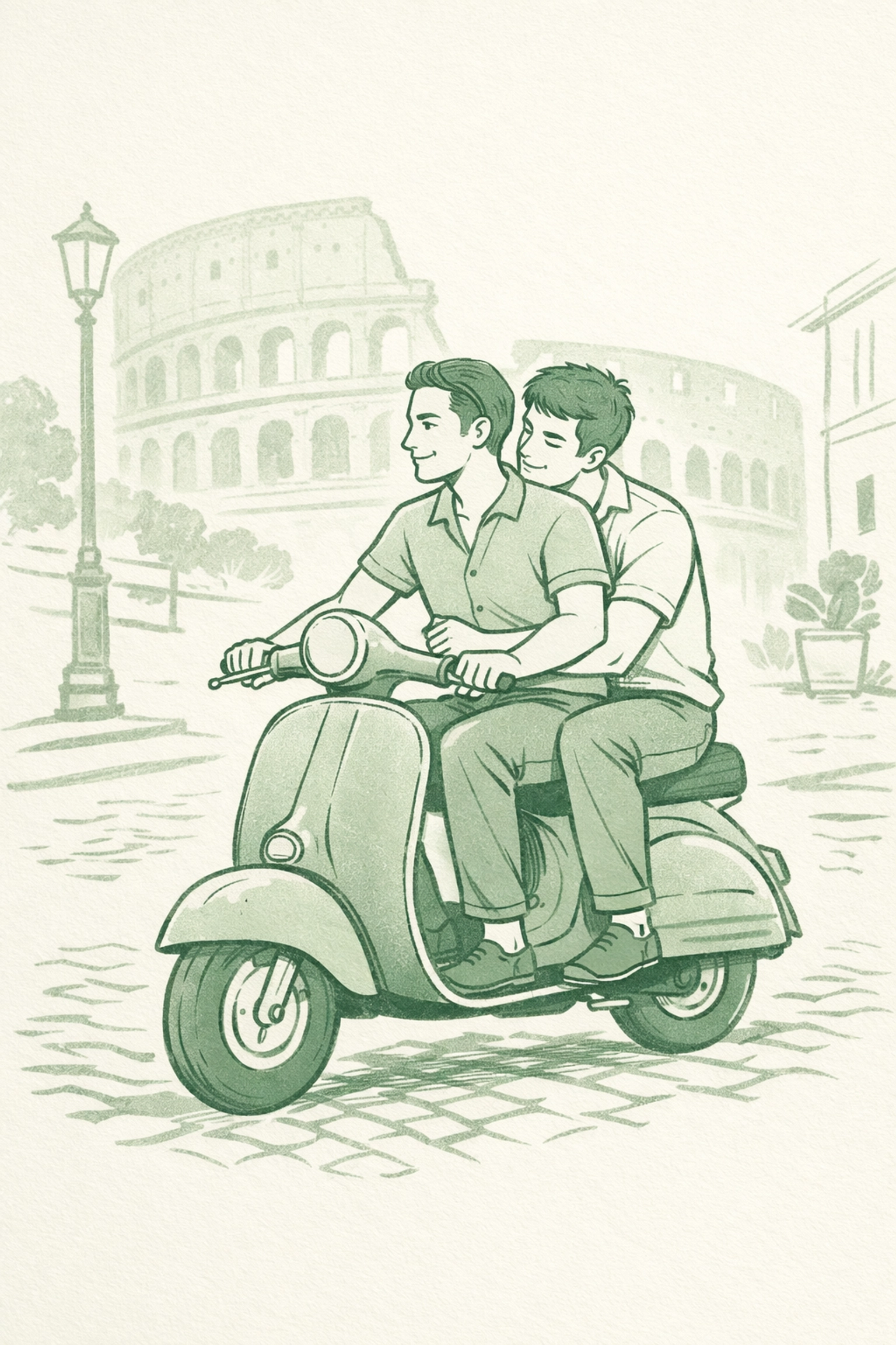 Two men riding a vintage Vespa together near the Colosseum in Rome - MM romance scene