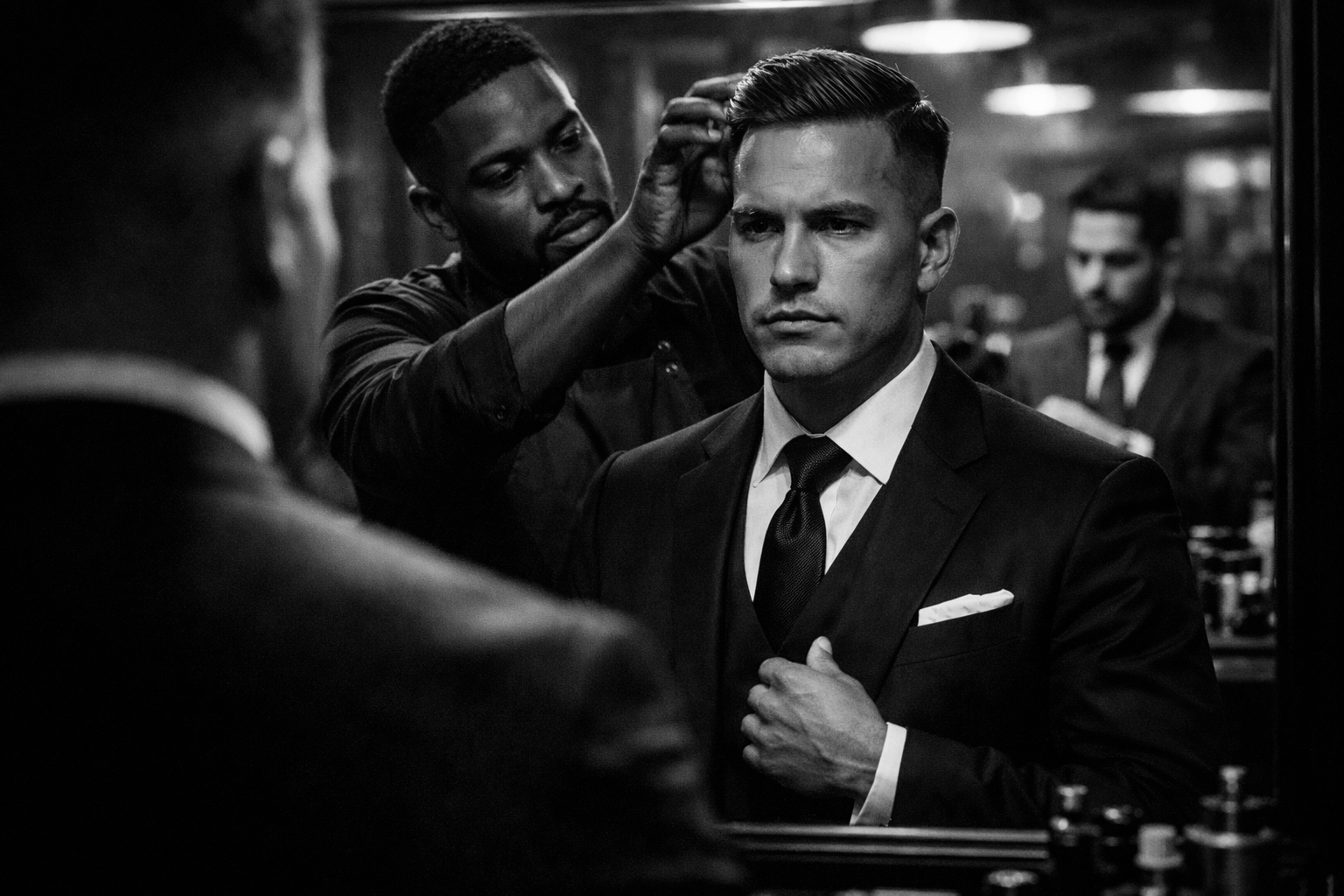 A professional client viewing his sharp haircut at an elite West Chester Ohio barbershop.