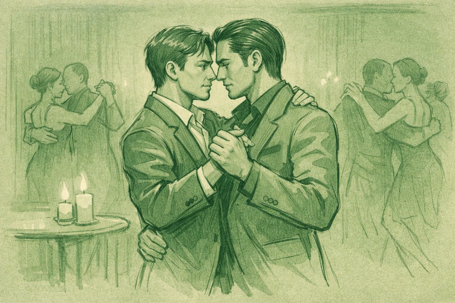 Two men dancing intimate tango in candlelit Buenos Aires milonga - MM romance scene