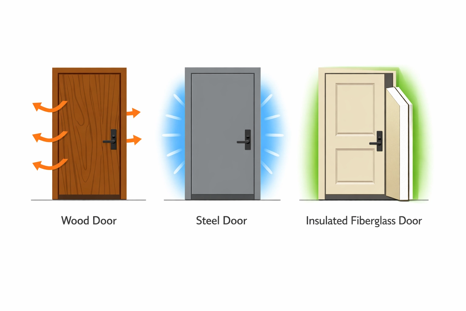 Comparison of wood, steel, and fiberglass door insulation showing heat loss differences