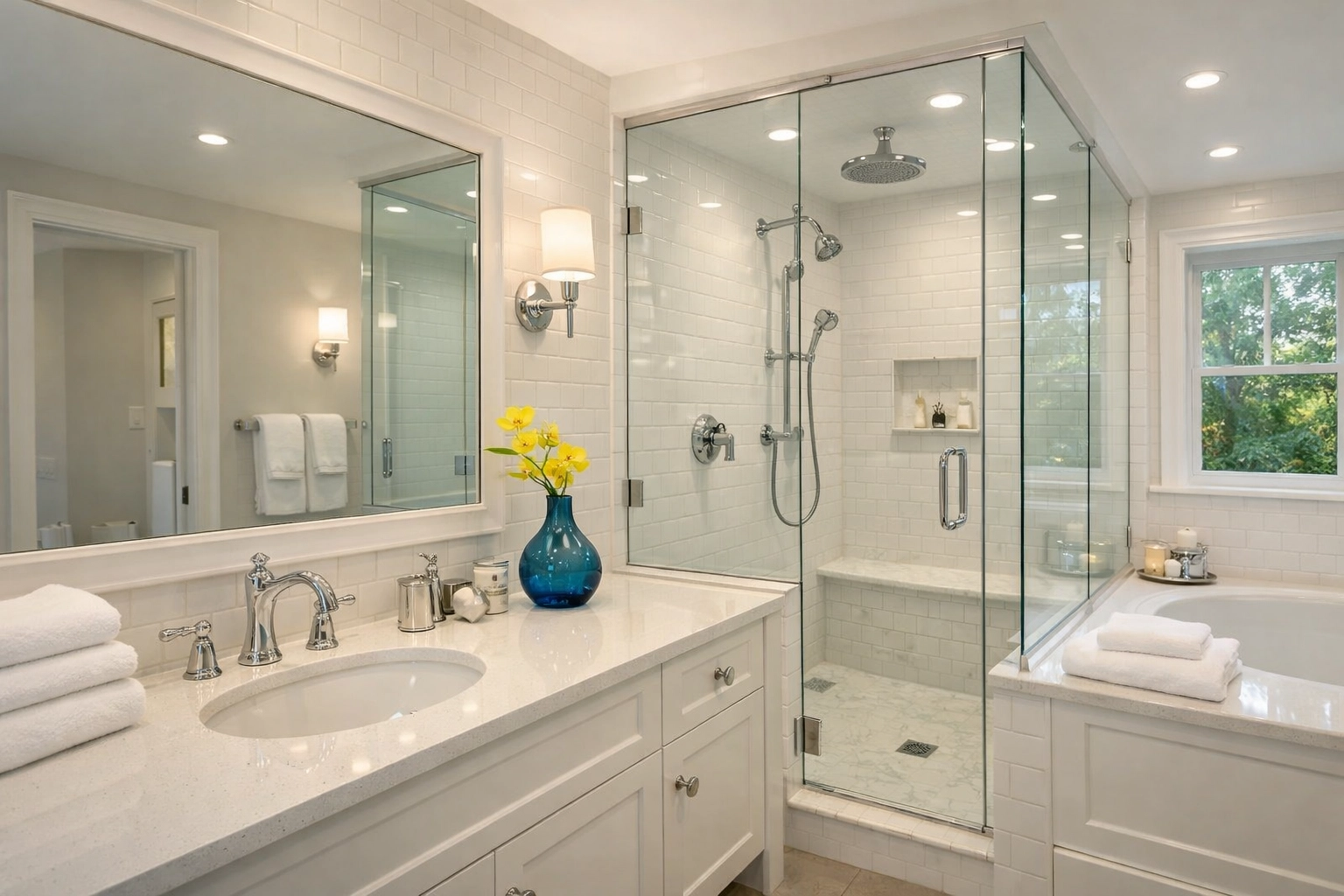 Spotless luxury bathroom with sparkling tiles after expert deep cleaning Medfield MA.