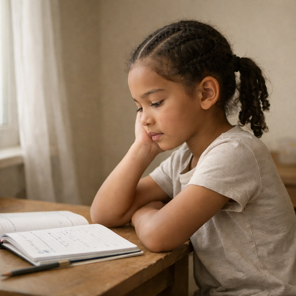 Basisschoolleerling achter bureau bezig met schoolwerk en leeruitdagingen