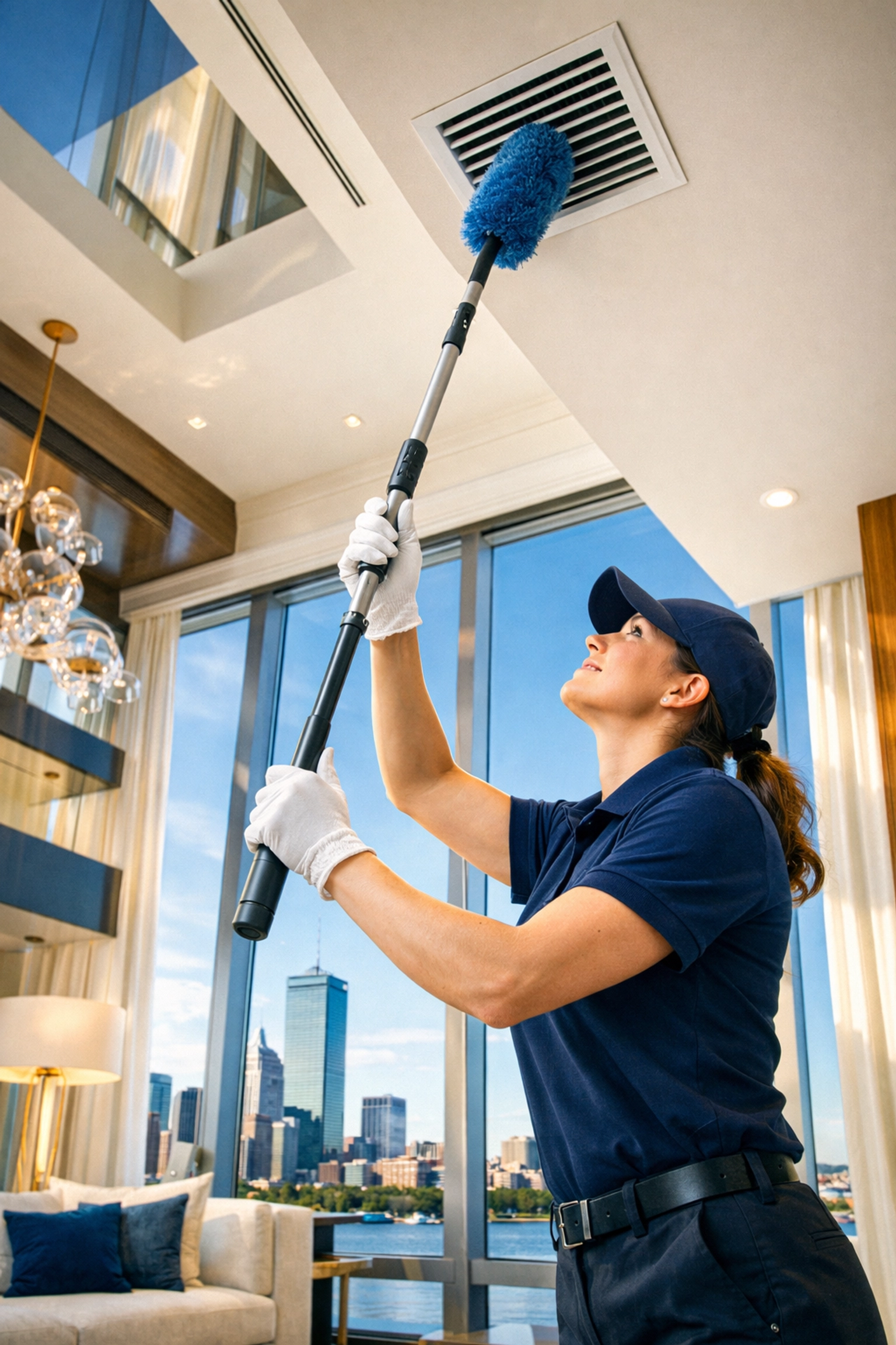 Professional cleaner dusting high vents during an Apartment Cleaning Boston service in a luxury high-rise.