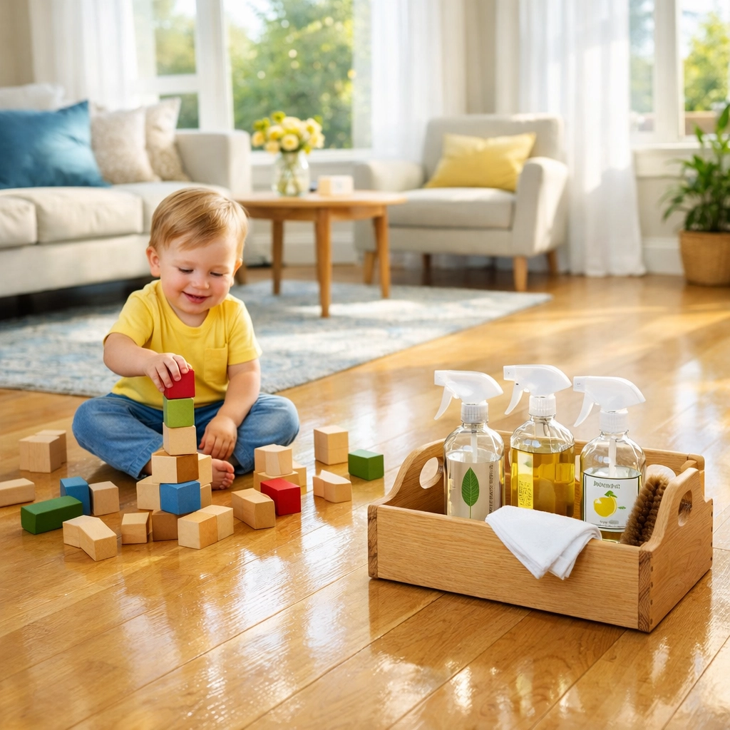 Safe, eco-friendly cleaning services near me with non-toxic products in a bright family living room.