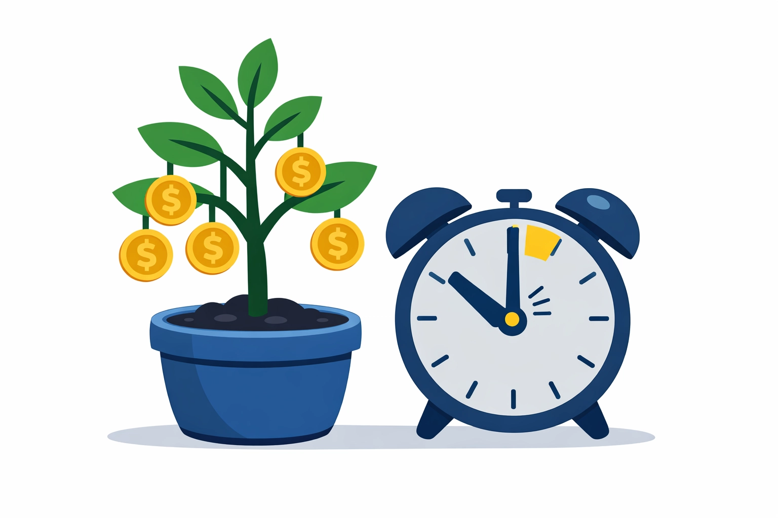 Growing plant with gold coins near a clock representing HSA and IRA contributions before the April 15 tax deadline.