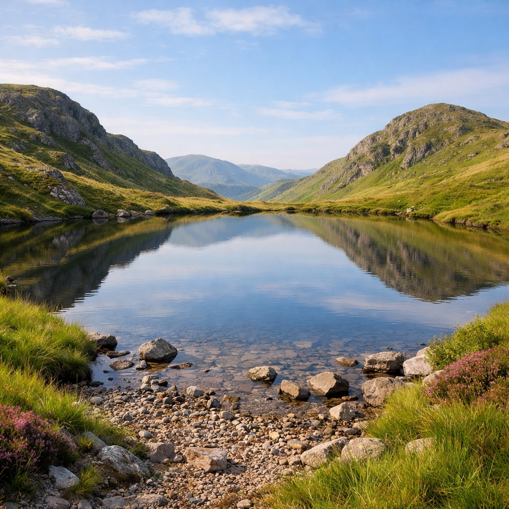 Peaceful mountain tarn on secluded Lake District guided walking route