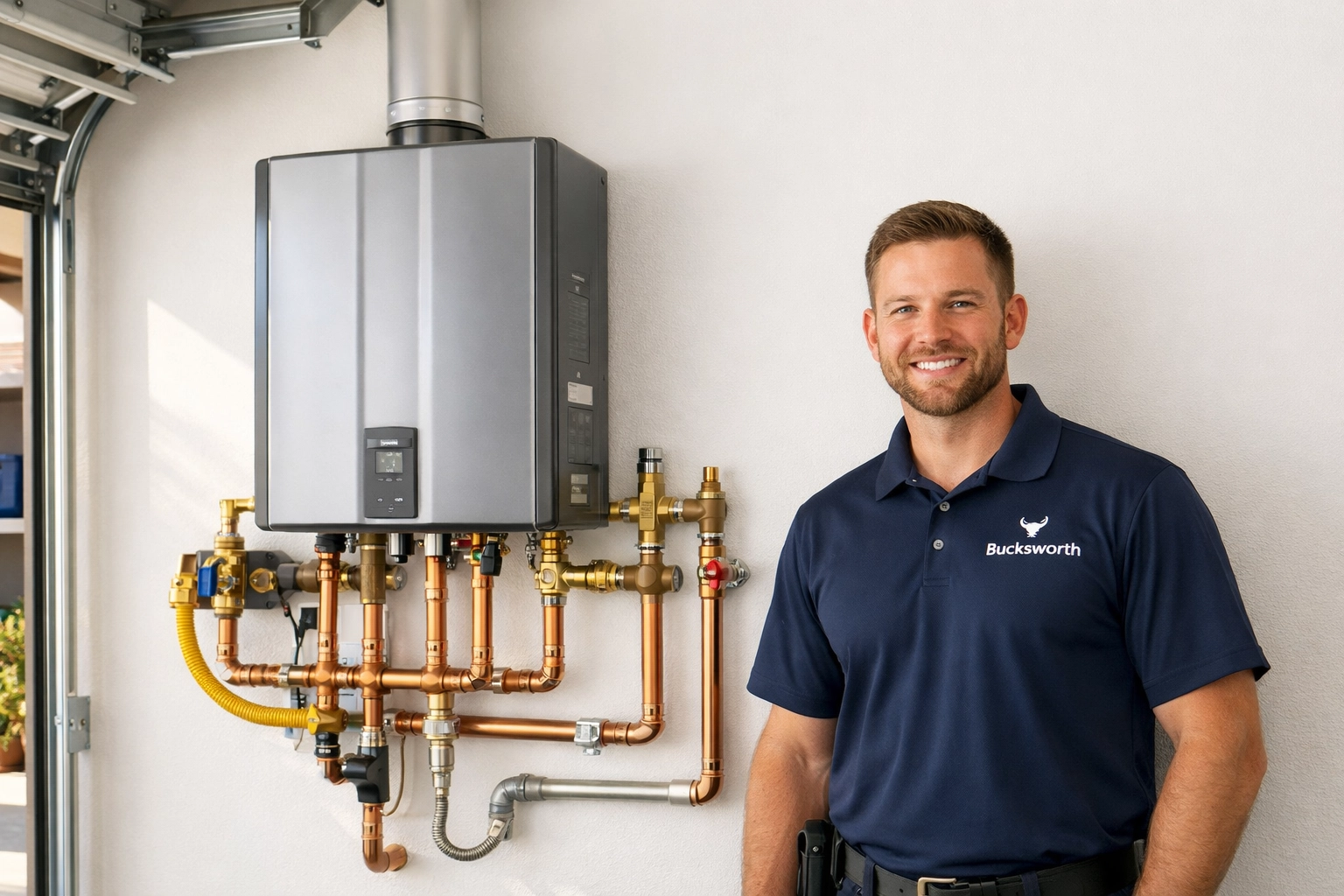 Bucksworth technician performing a professional tankless water heater installation in a Gilbert AZ home.