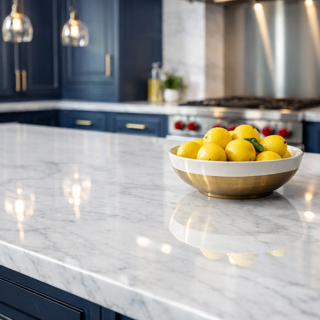 Spotless marble kitchen island and polished appliances in a detail-oriented Winchester home cleaning.