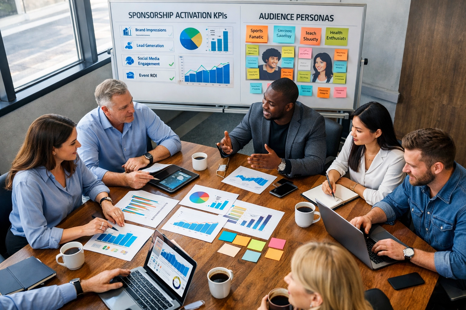 Marketing team planning sponsorship activation strategy with data analytics and KPIs