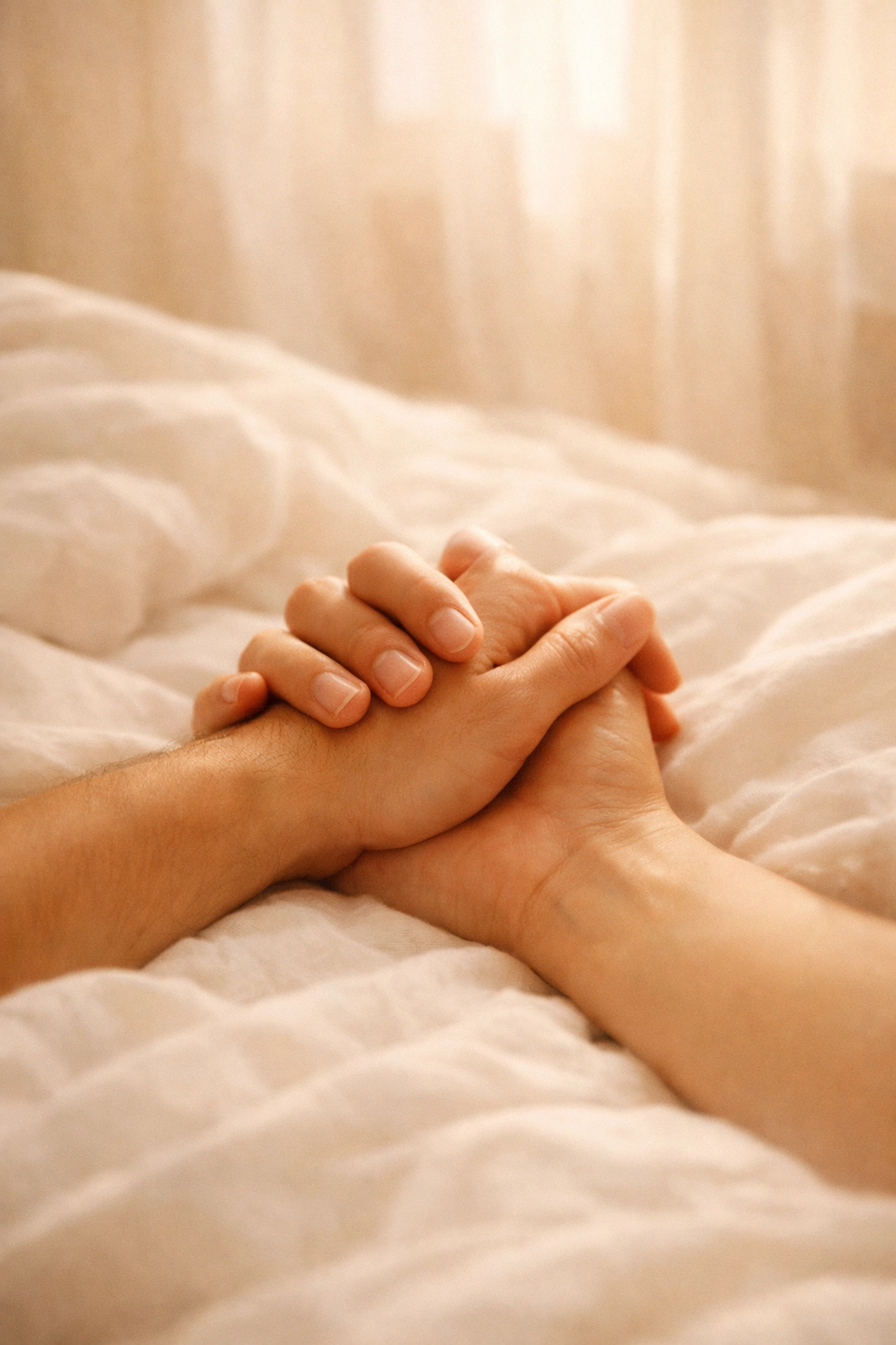 Összefonódó kezek ágyban - valós intimás kapcsolat és bizalom jelképe