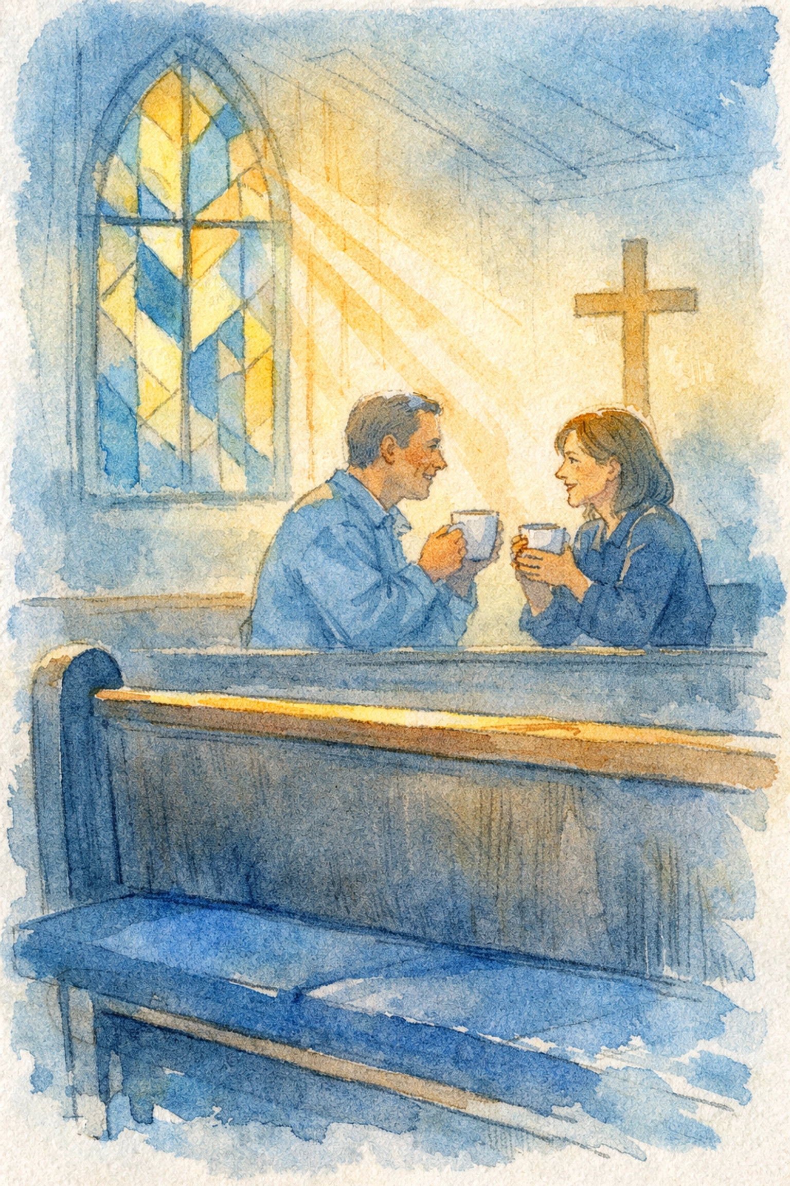 Two people building church community connection over coffee while empty pews show attendance versus belonging