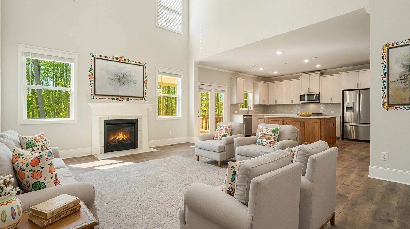 A spacious and bright traditional kitchen with a large wooden island and white cabinetry, featuring playful hand-drawn accents. A spacious and bright traditional kitchen with a large wooden island and white cabinetry, featuring playful hand-drawn accents.
