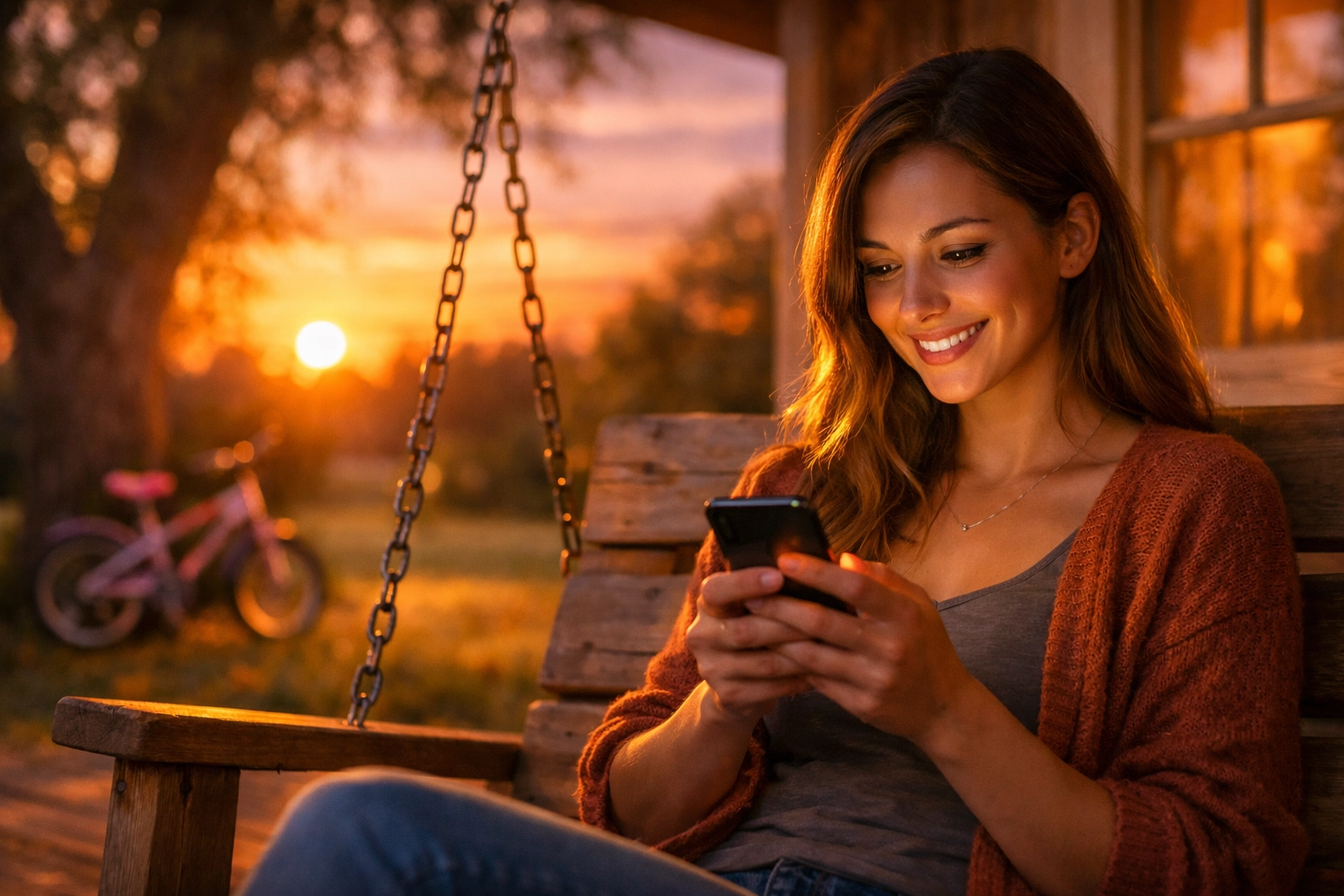 A parent finds spiritual rest and online community connection via smartphone on a porch at sunset.