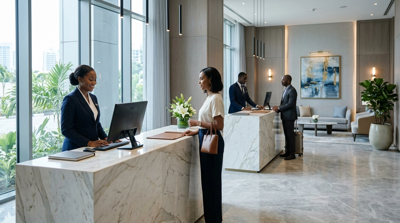 Luxury hotel reception in Lagos with soft natural lighting and a high-end hospitality atmosphere inspired by Marriott, Hilton, or Radisson, with no visible text or logos.