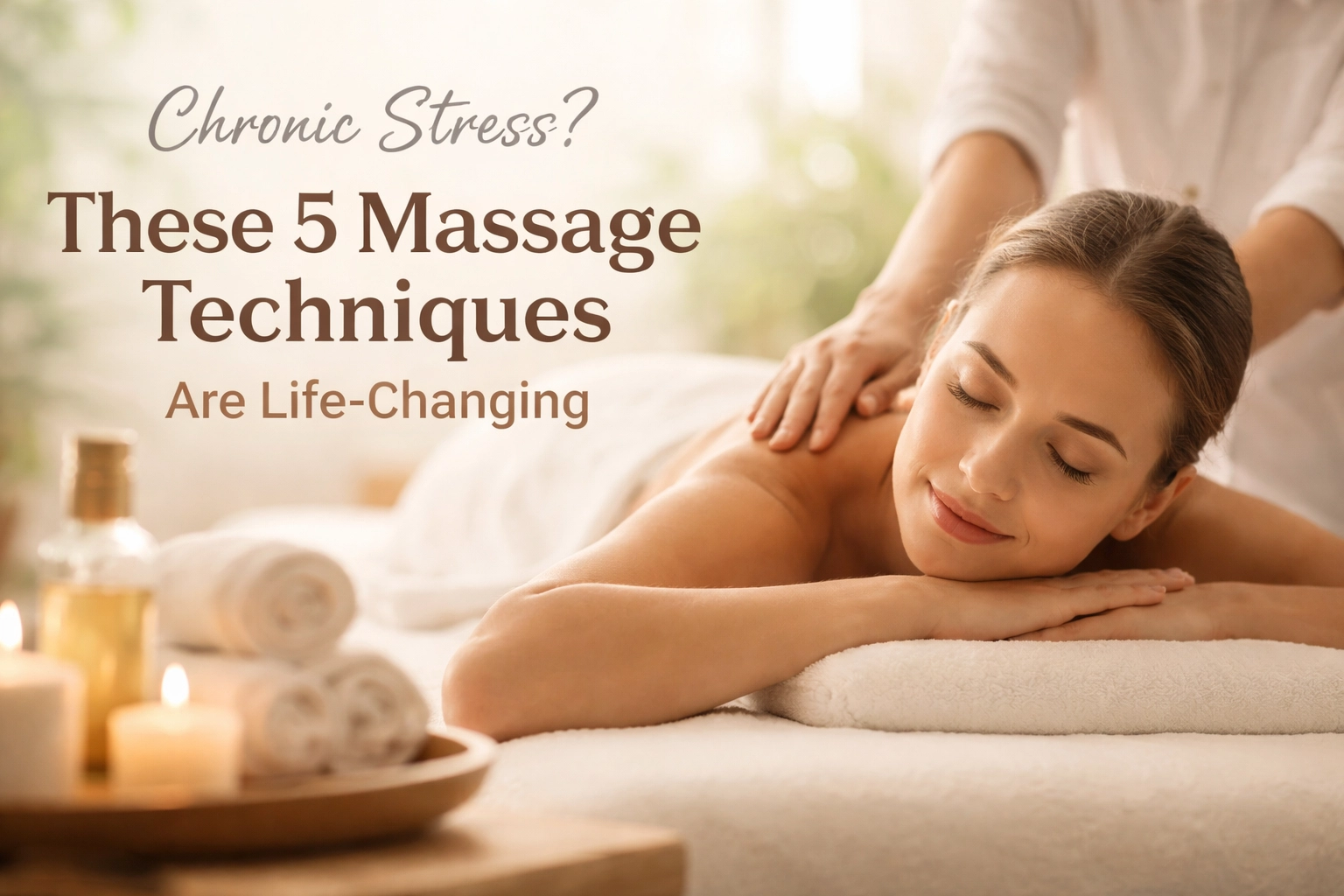 A person receiving a relaxing massage in a calm, softly-lit spa setting, representing stress relief through massage therapy