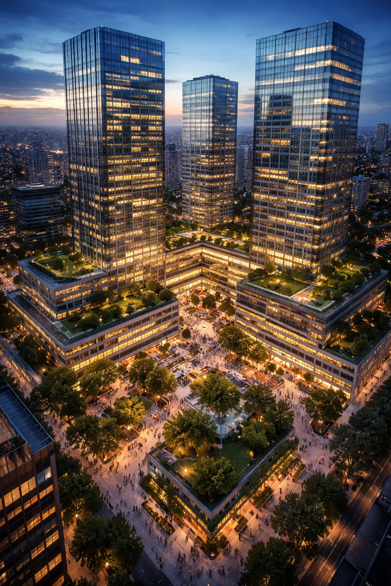 Aerial view of a modern real estate development highlights investment opportunities in mixed-use, high-value properties.