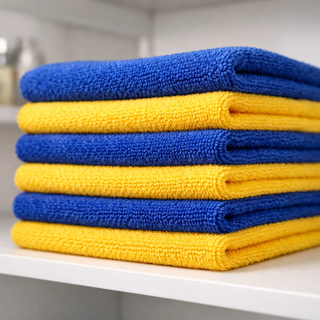 Stack of professional-grade blue and yellow microfiber cloths used for eco-friendly house cleaning in Natick.