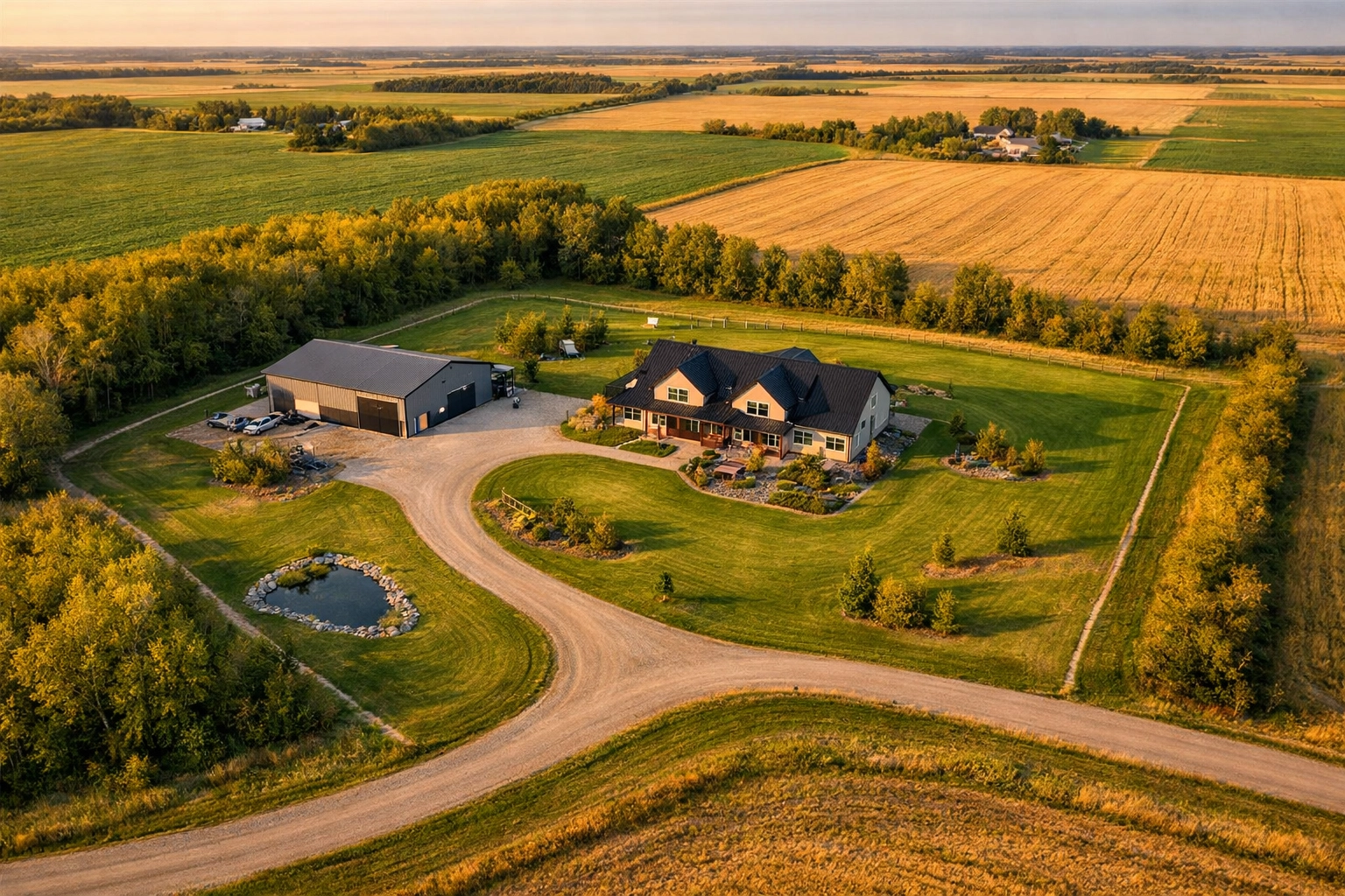 Aerial drone view of Saskatchewan acreage showing farmhouse, shop, and full property layout