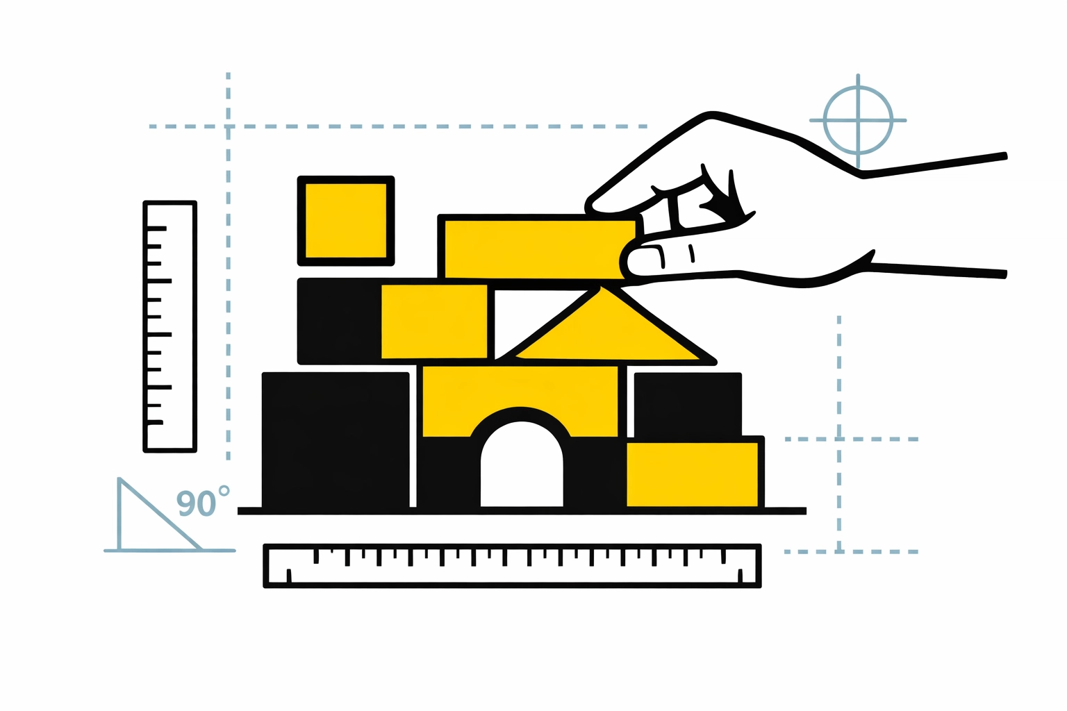 Minimalist blueprint with yellow building blocks representing HRIS configuration and foundation.