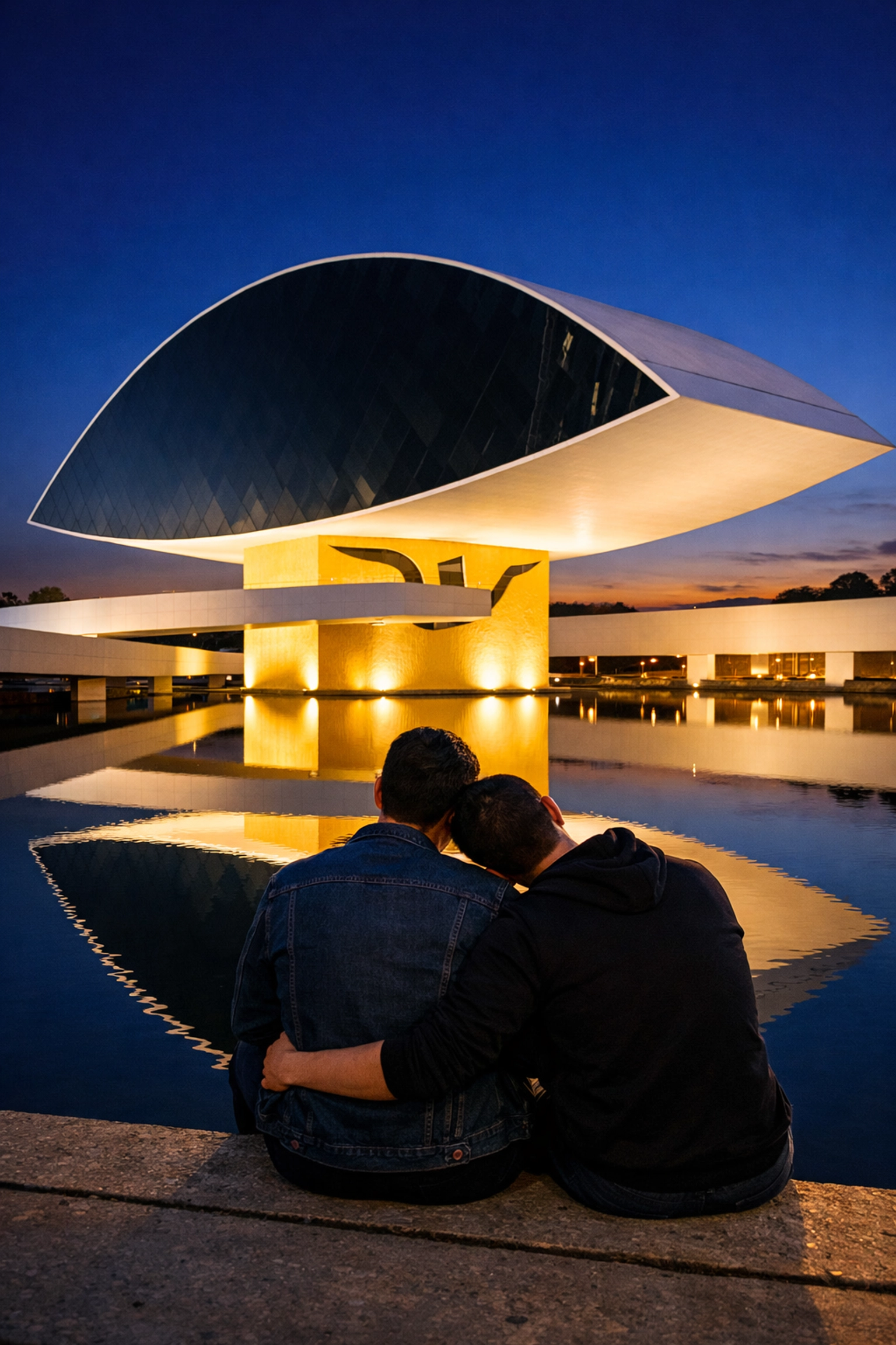 A gay couple enjoying a romantic evening at the iconic Oscar Niemeyer Museum in Curitiba.