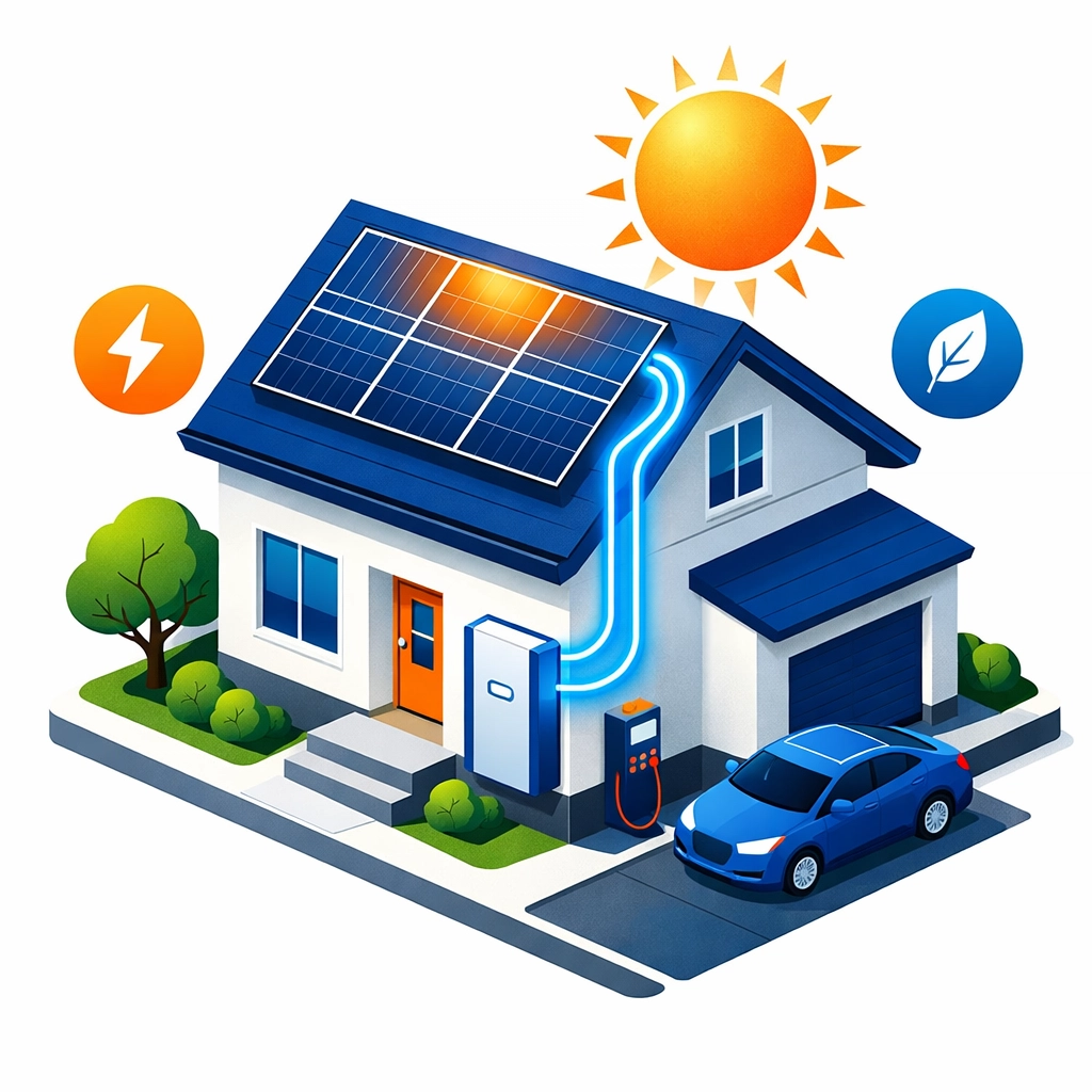 Isometric illustration of a sustainable home in Guildford featuring solar PV panels and battery storage.