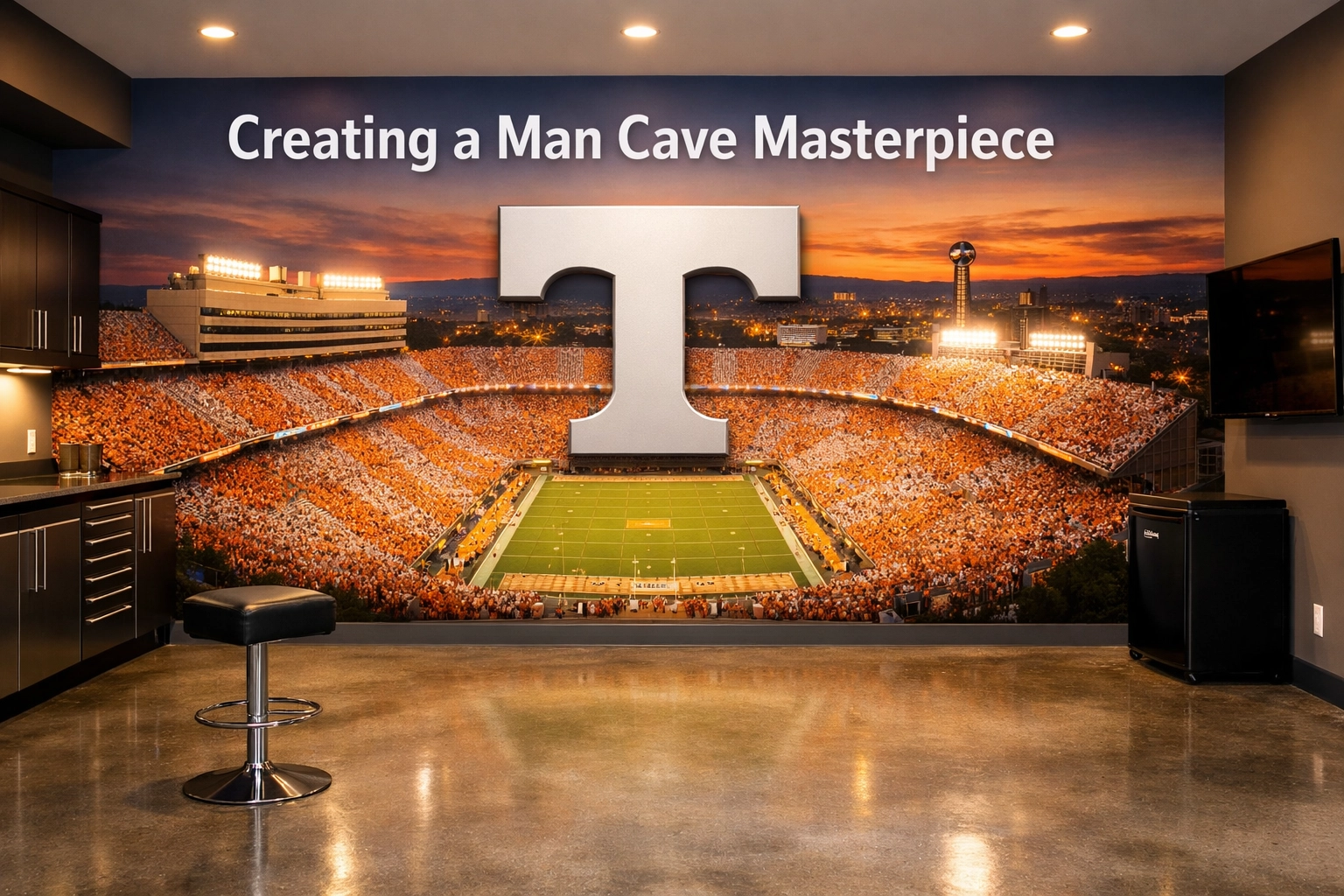 Custom football stadium wall mural in a modern Knoxville garage man cave with high-detail 3D effects.