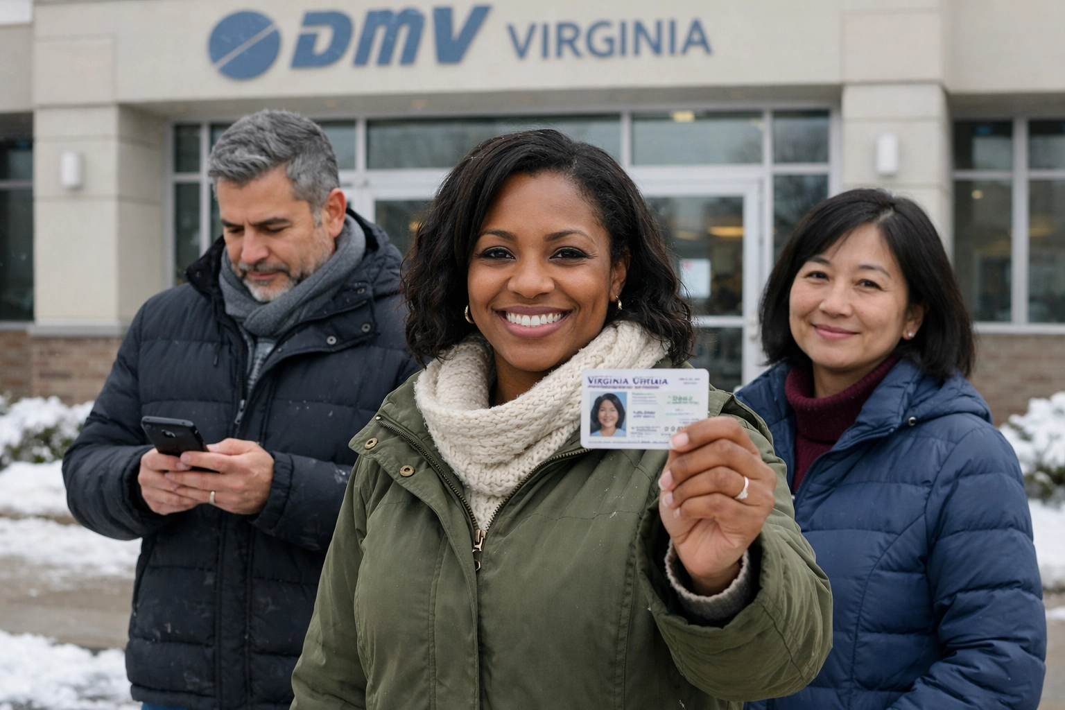 Virginia residents outside DMV building with driver's licenses during winter weather extension