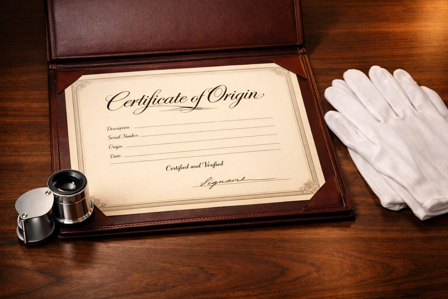 Official watch paperwork and jeweler tools used for authenticating the provenance of pre-owned Patek Philippe watches.