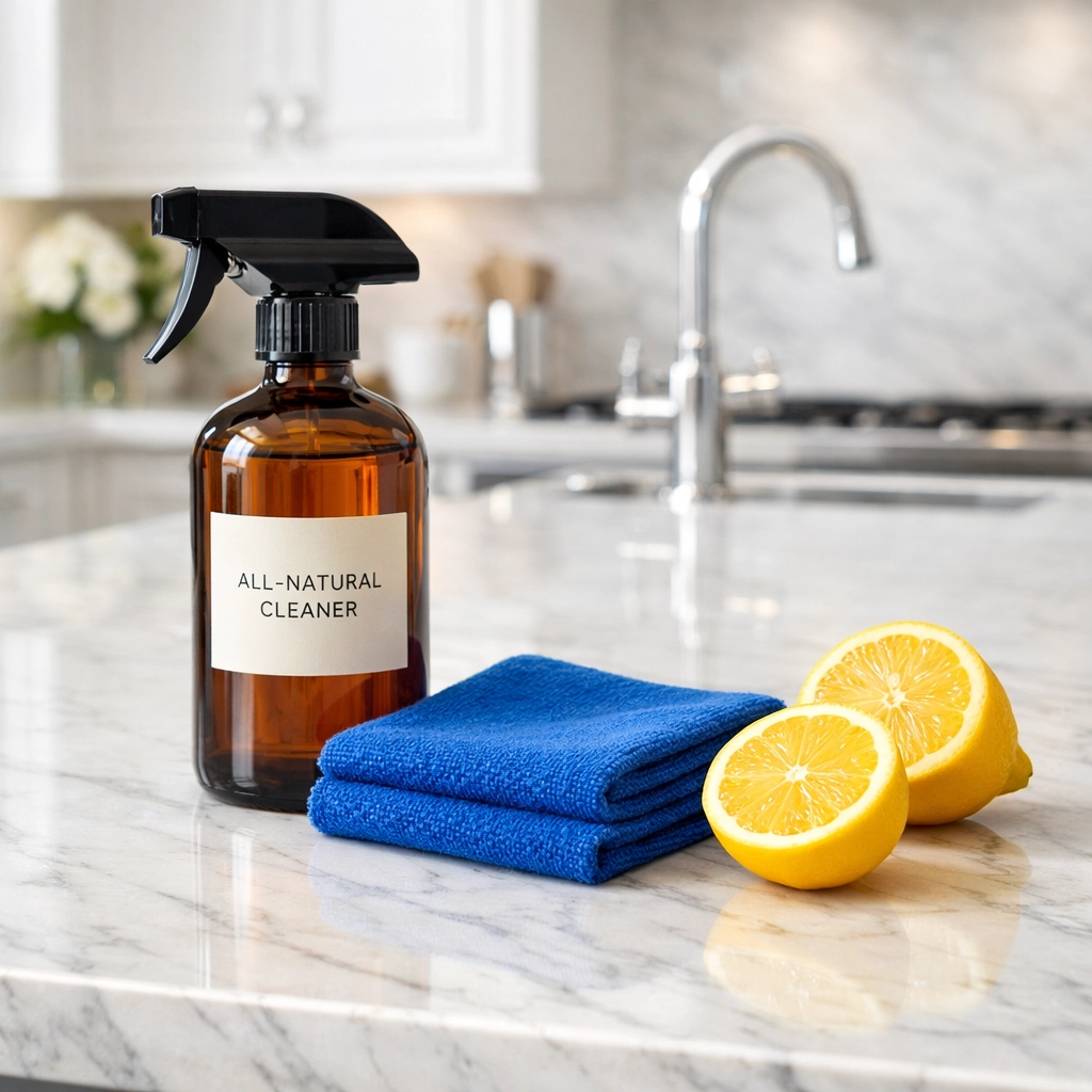 Natural eco-friendly house cleaning products on a pristine marble kitchen island in a Cambridge home.