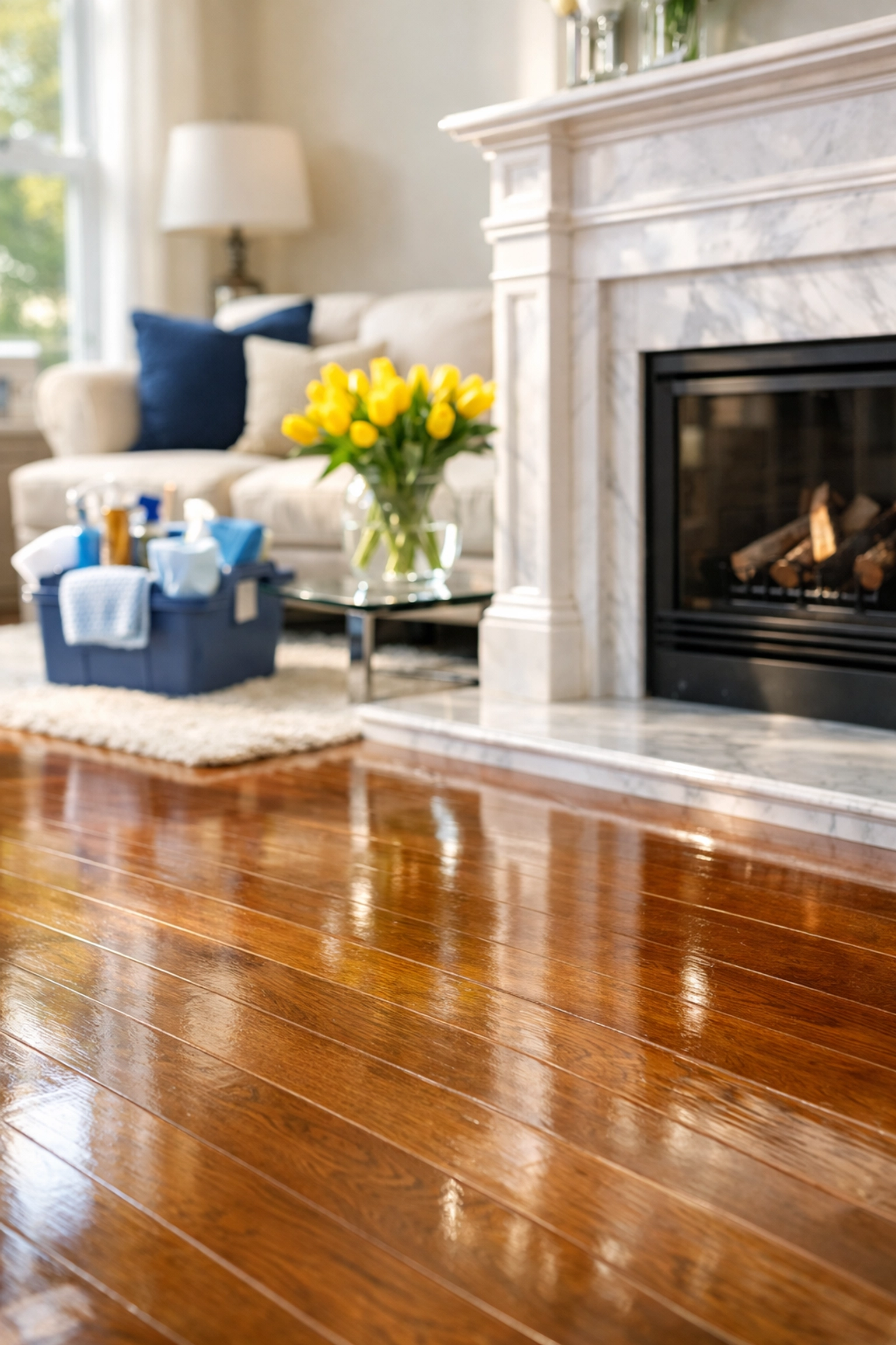 Professionally cleaned living room with polished hardwood floors from weekly house cleaning Leicester MA.