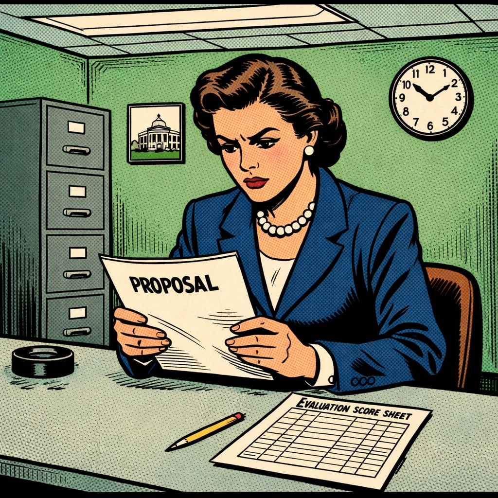 Government evaluator independently reviewing federal proposal with scoring sheet