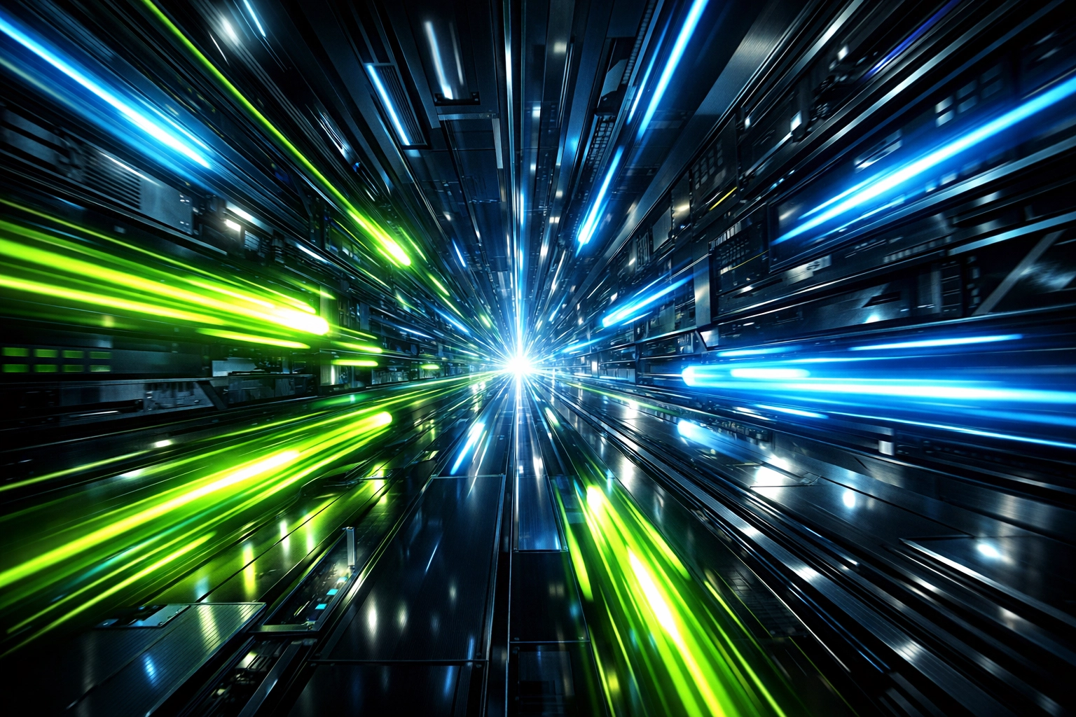 Streaks of light in a tech corridor symbolizing high-speed autonomous AI agents and intelligent automation.