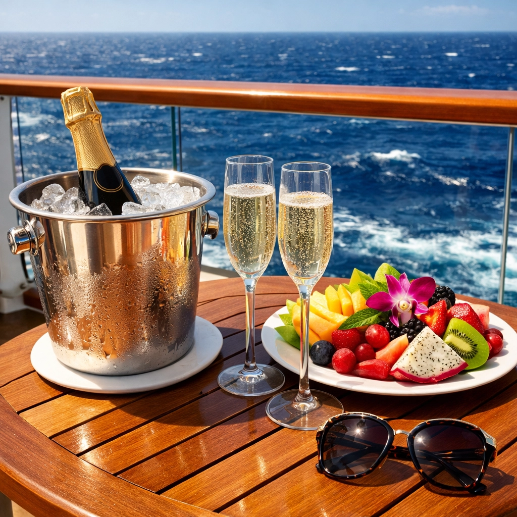 Sparkling wine on a cruise balcony, showcasing the luxury of expert group cruise planning.