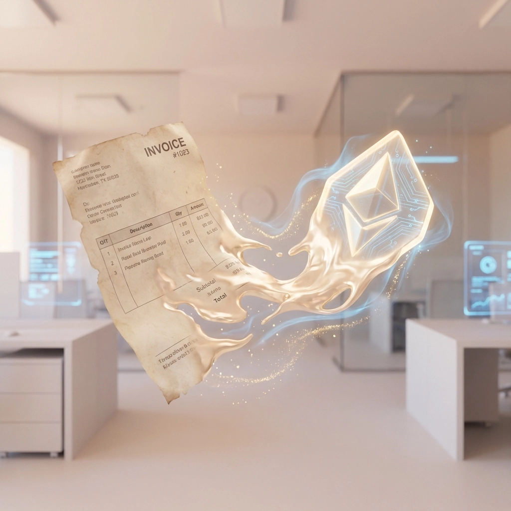 A paper invoice turning into a digital gold token, representing receivables tokenization for crypto cash flow solutions.