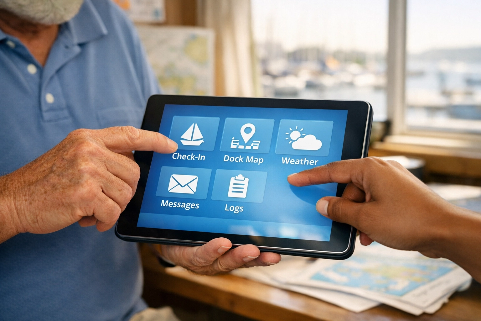 Yacht club volunteers using easy-to-navigate marina software on tablet device