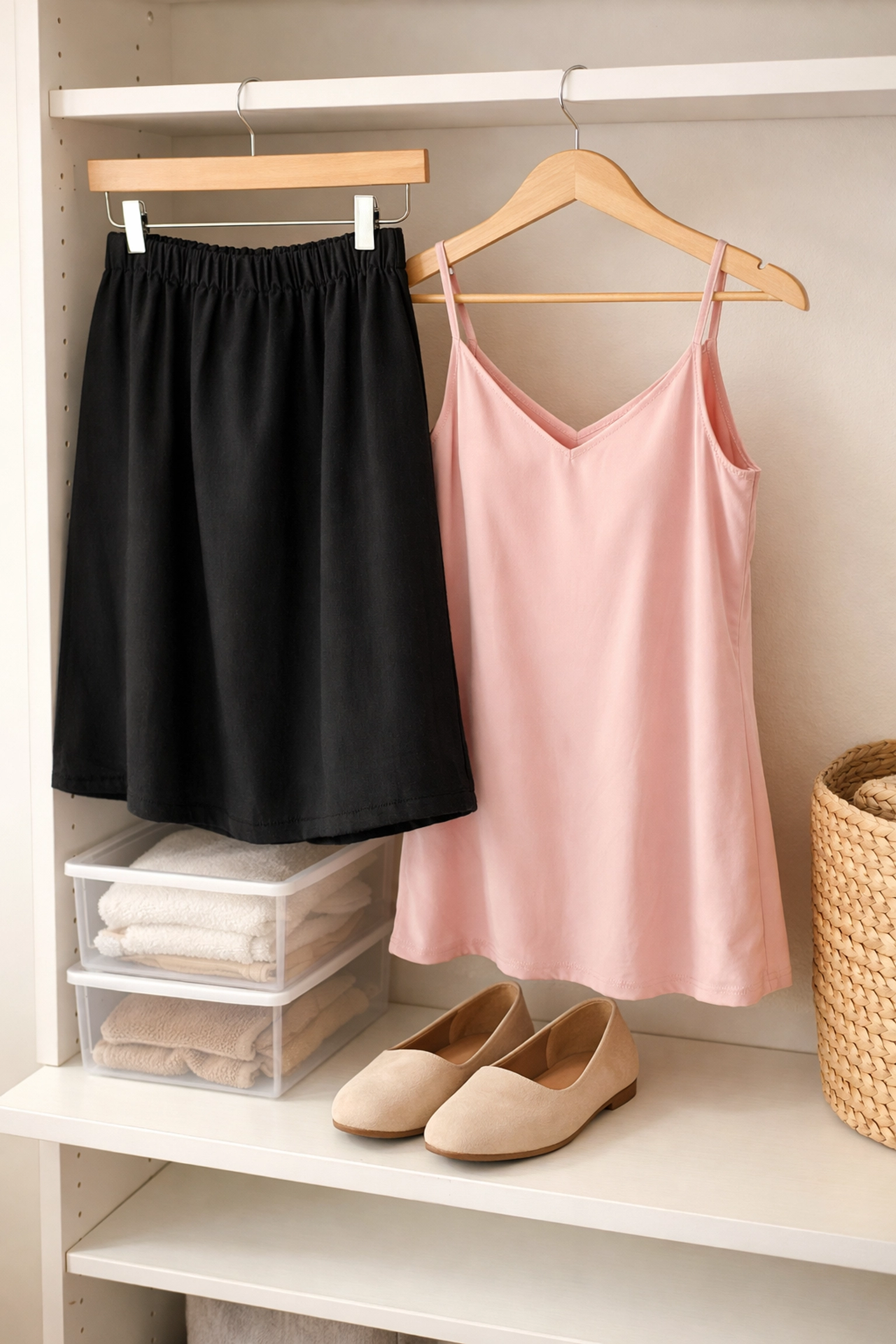 Organized closet with quick-change crossdressing clothes including elastic skirt and slip-on dress