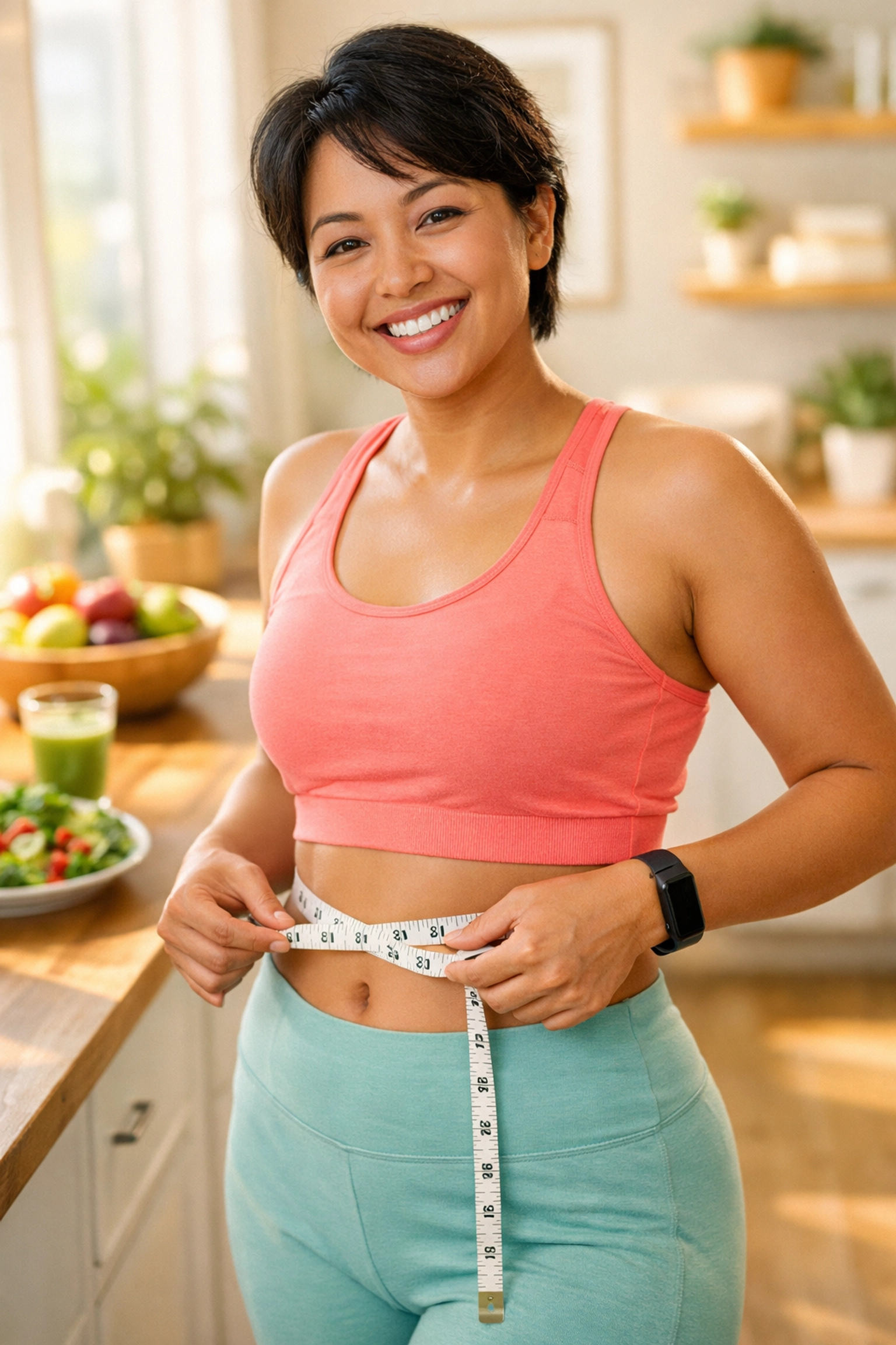 Person measuring waist during medical weight loss program with healthy lifestyle