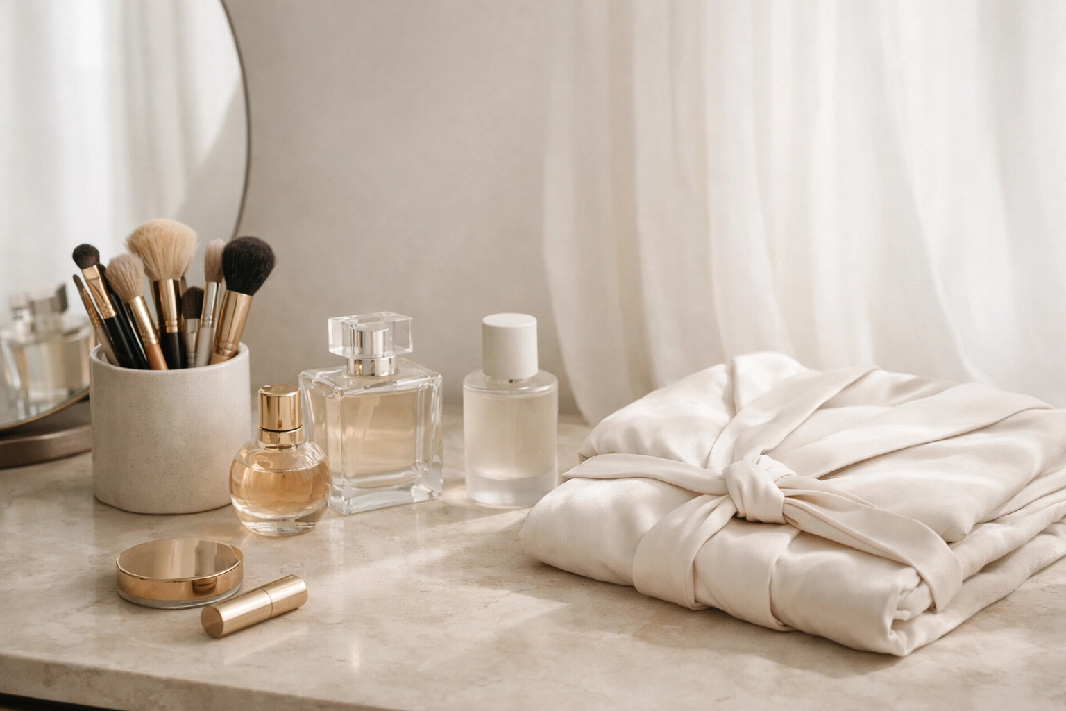 Faceless luxury portraits Pittsburgh studio still life: vanity setup with makeup tools and soft, diffused lighting.