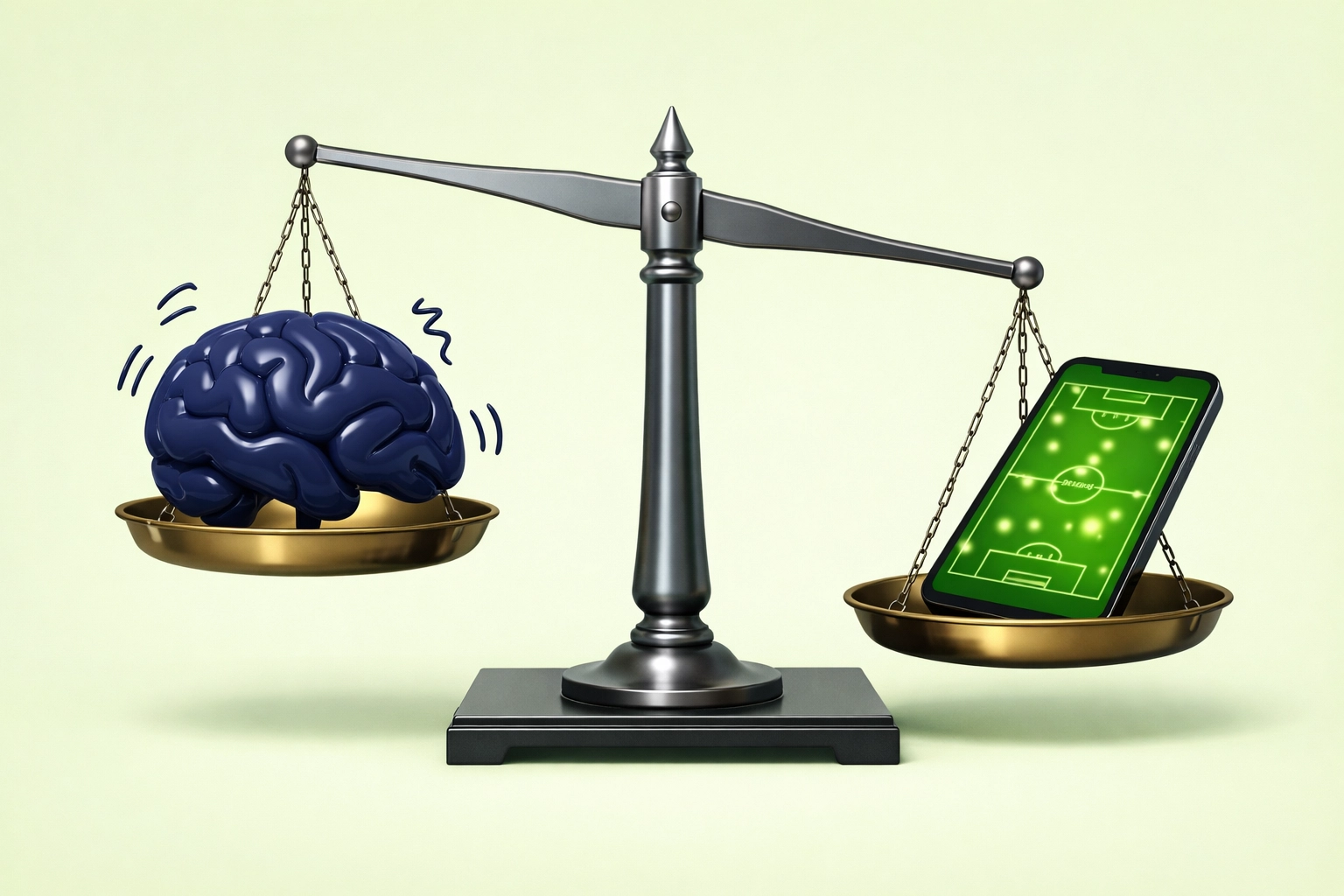 Scale showing football betting analytics on a smartphone outweighing a gut feeling brain icon.