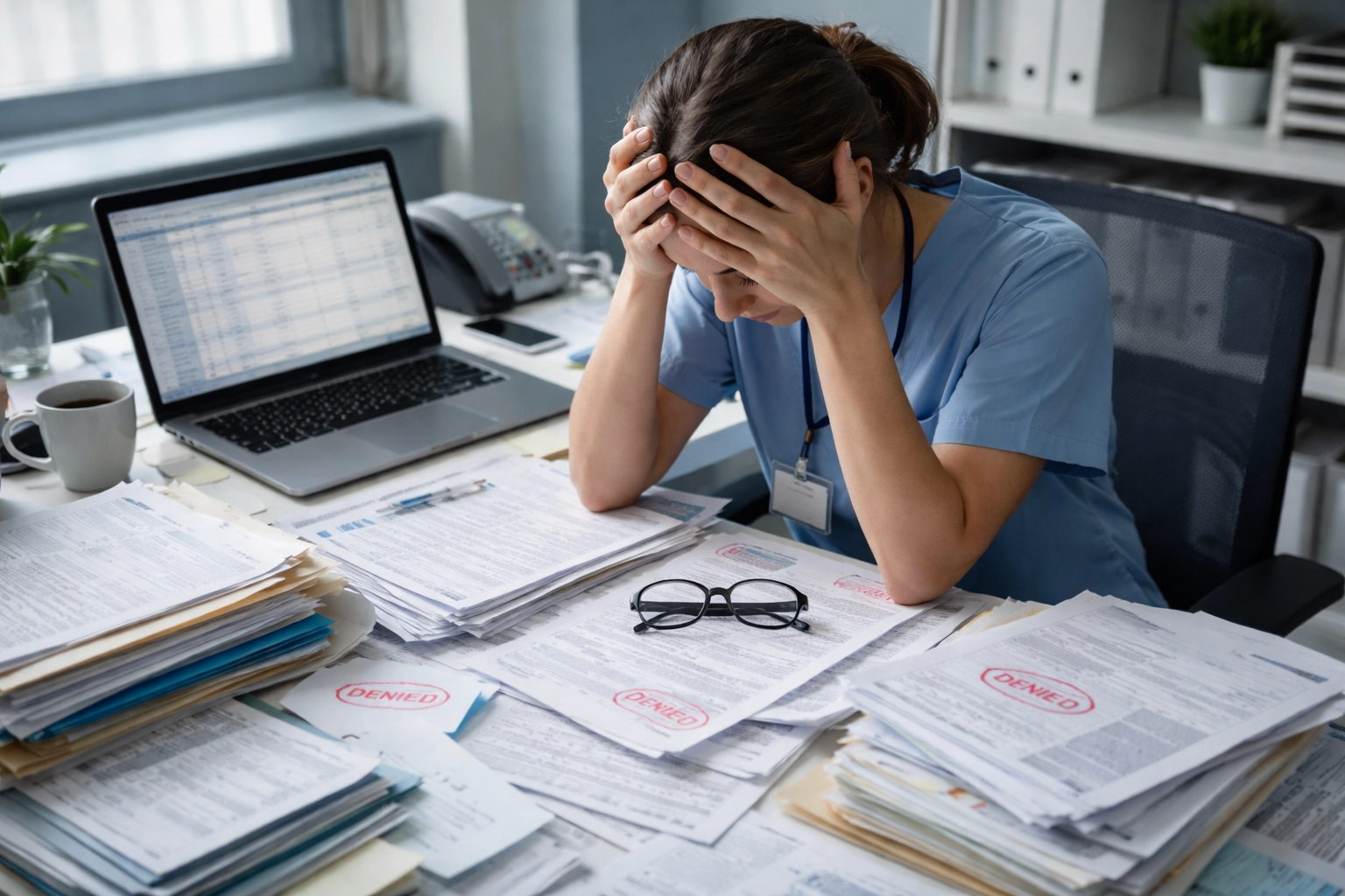 Stressed healthcare administrator overwhelmed by paperwork and denied Medicare claims in modern office