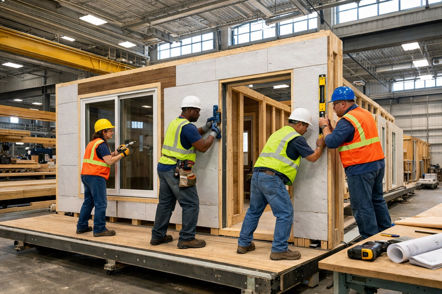 Modern manufactured home construction inside a climate-controlled factory for precision and durability.