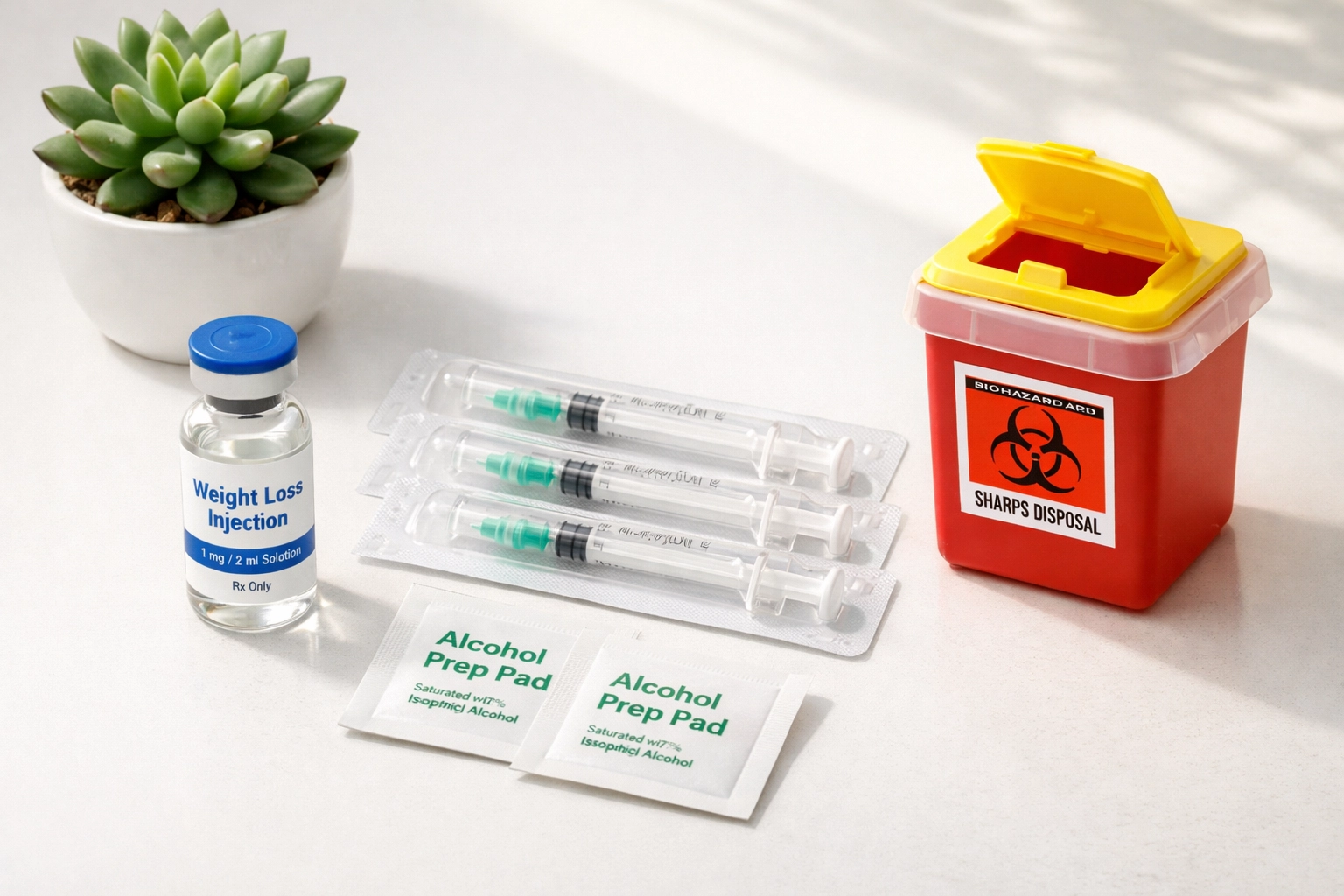 Compounded tirzepatide medical supplies including vial, needles, and alcohol pads for injection