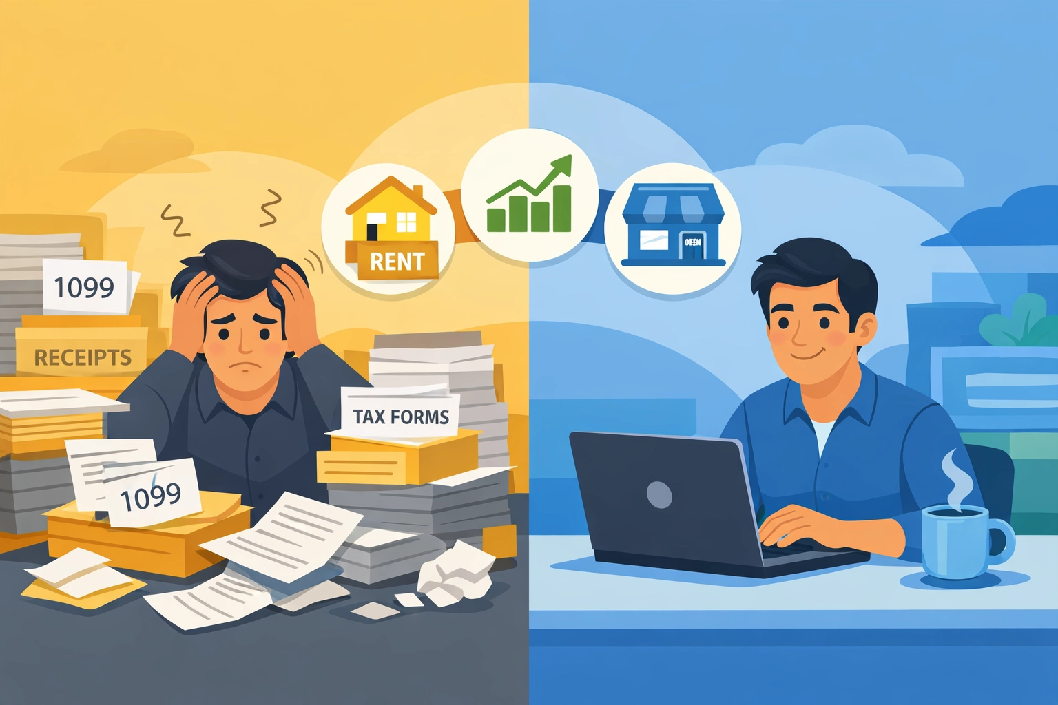 Small business owner organizing complex tax documents with professional assistance