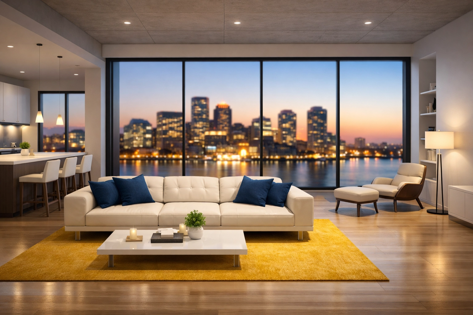 Sanitized modern Seaport loft living room following professional apartment cleaning Boston.