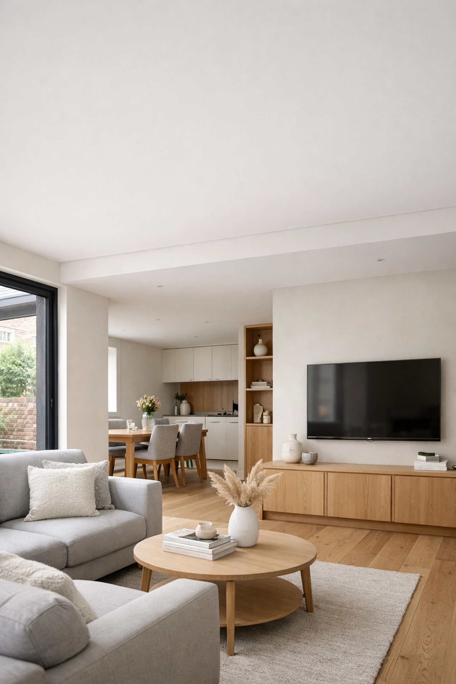 Modern open-plan living room in a London renovation showing an integrated RSJ beam flush with the ceiling.