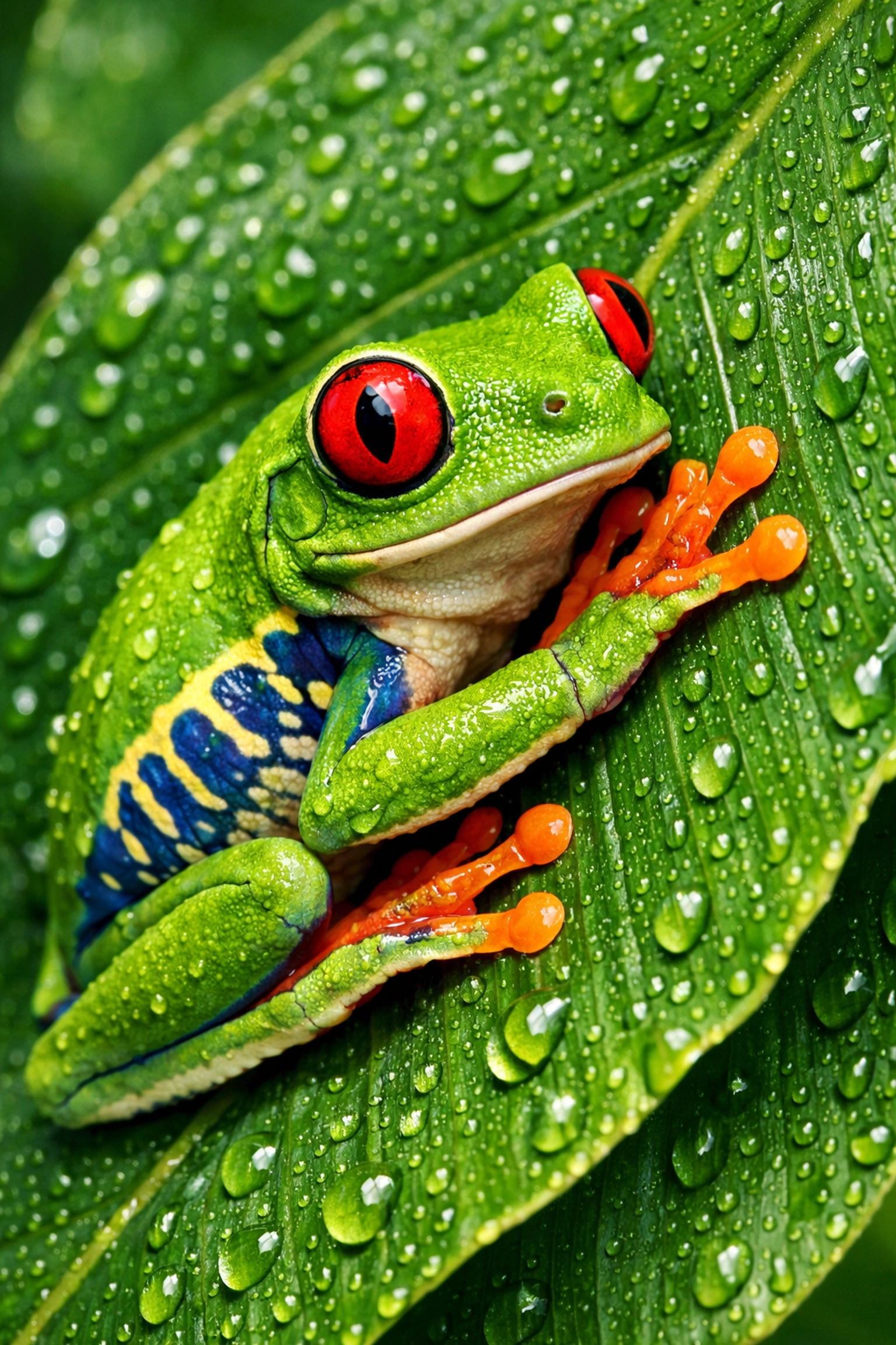 Macro photo of a red-eyed tree frog on a leaf, illustrating conservation stories for smaller zoo species.