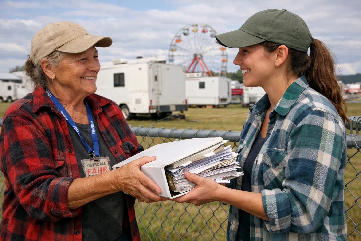 An experienced volunteer hands a planning binder to a new recruit on a sunny Canadian fairground.