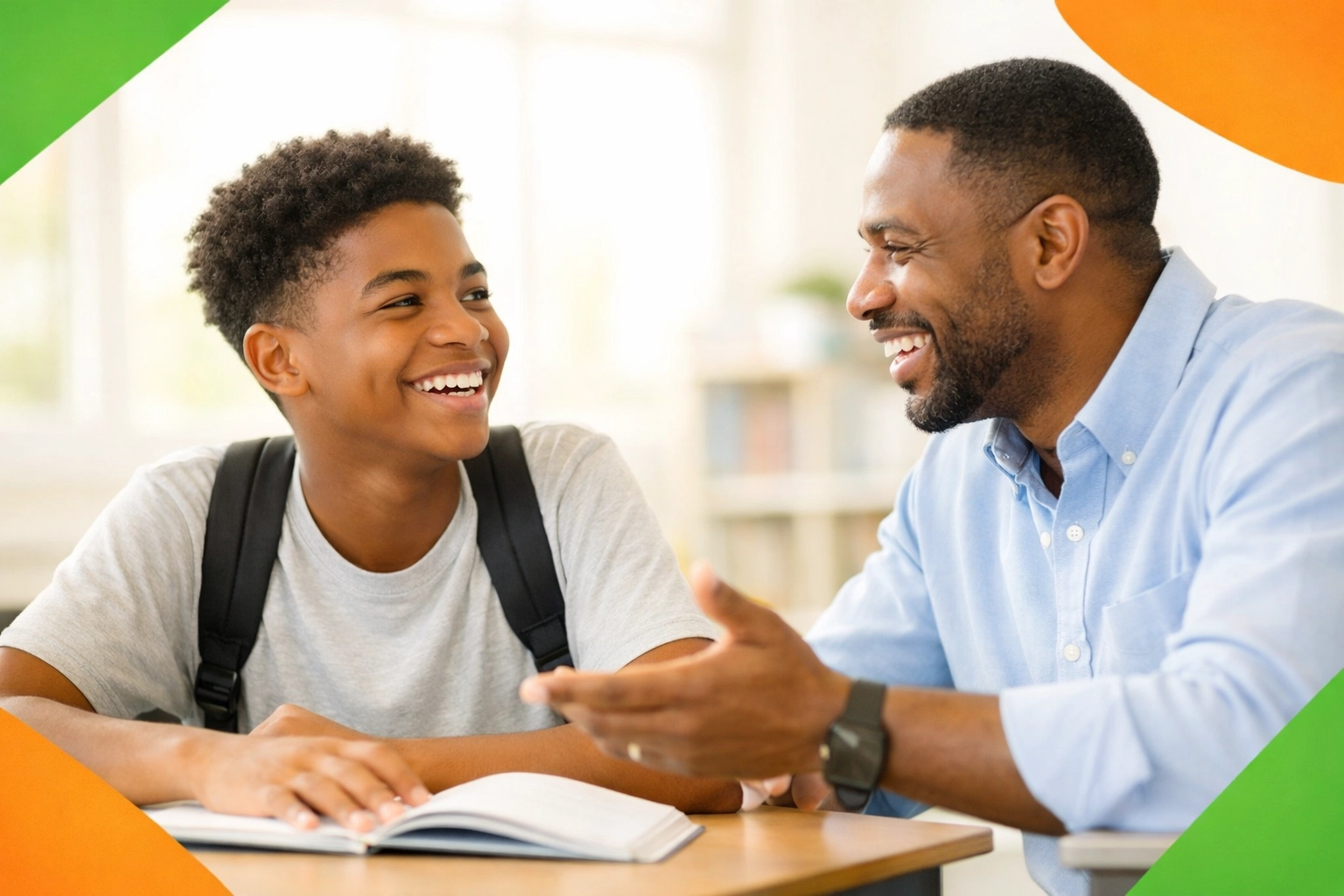 Teen student and teacher having positive conversation in classroom