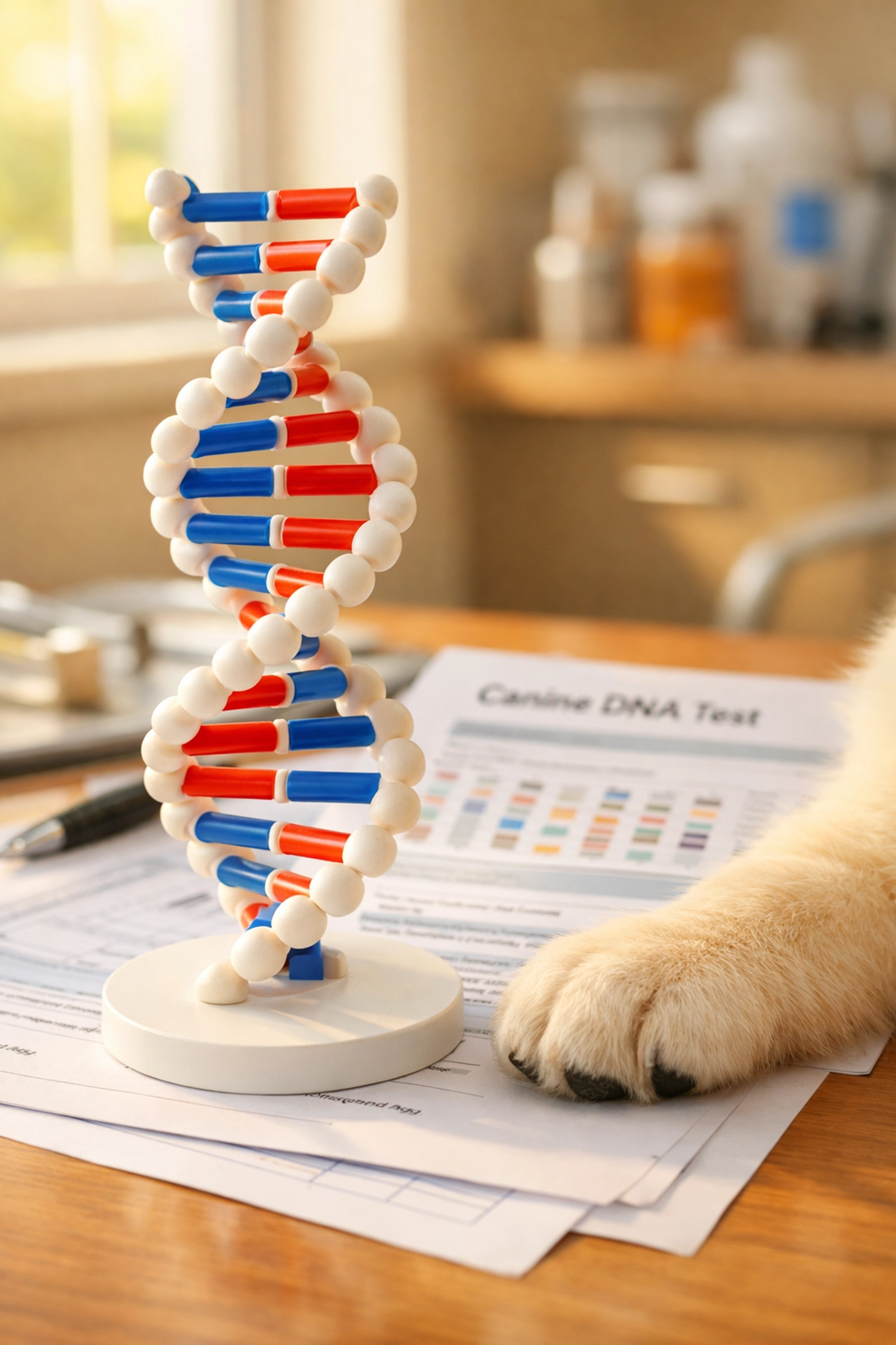 Golden Retriever puppy paw next to DNA model showing genetic testing for coat color