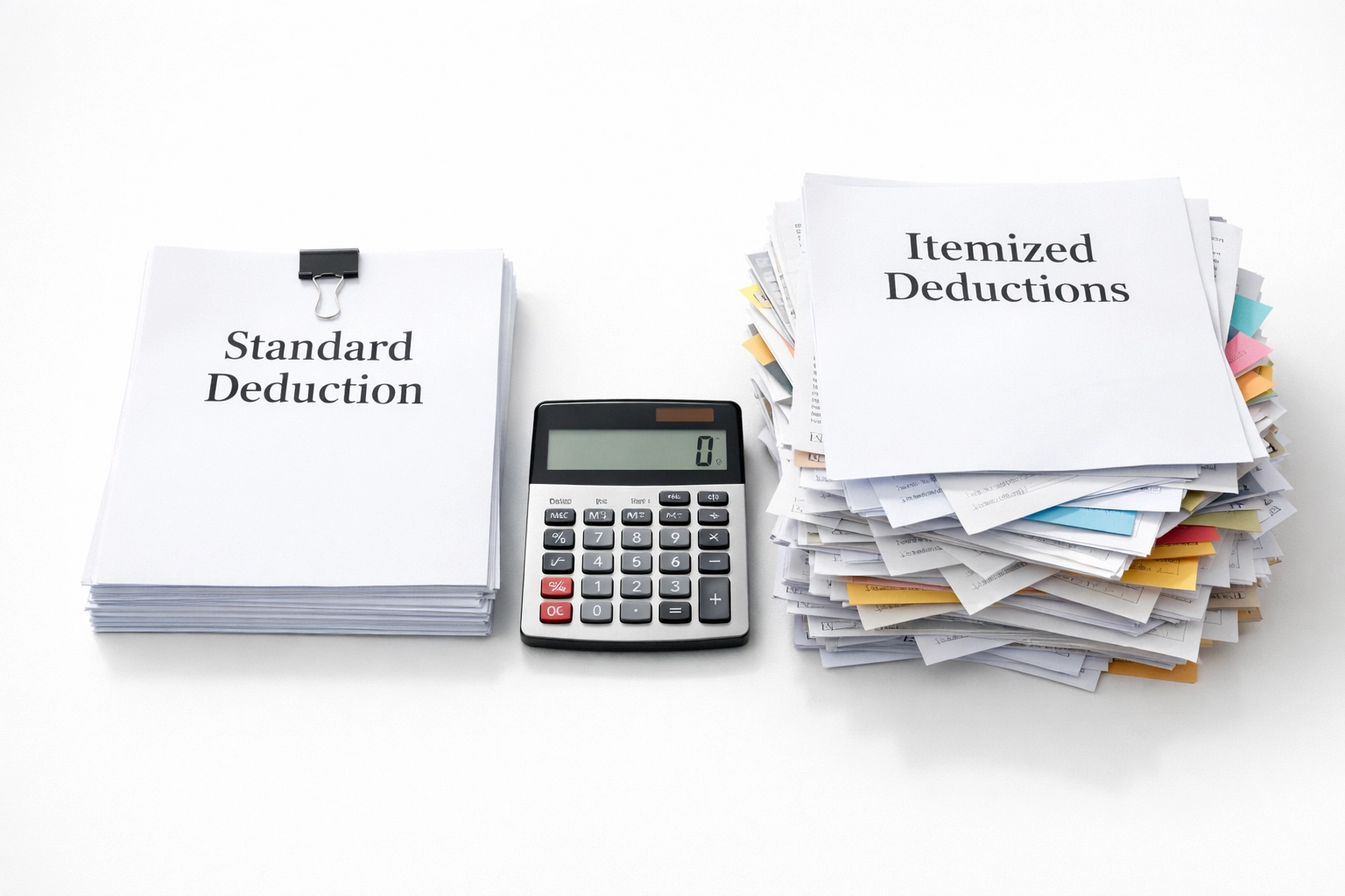 Two document piles with calculator comparing standard deduction versus itemizing options